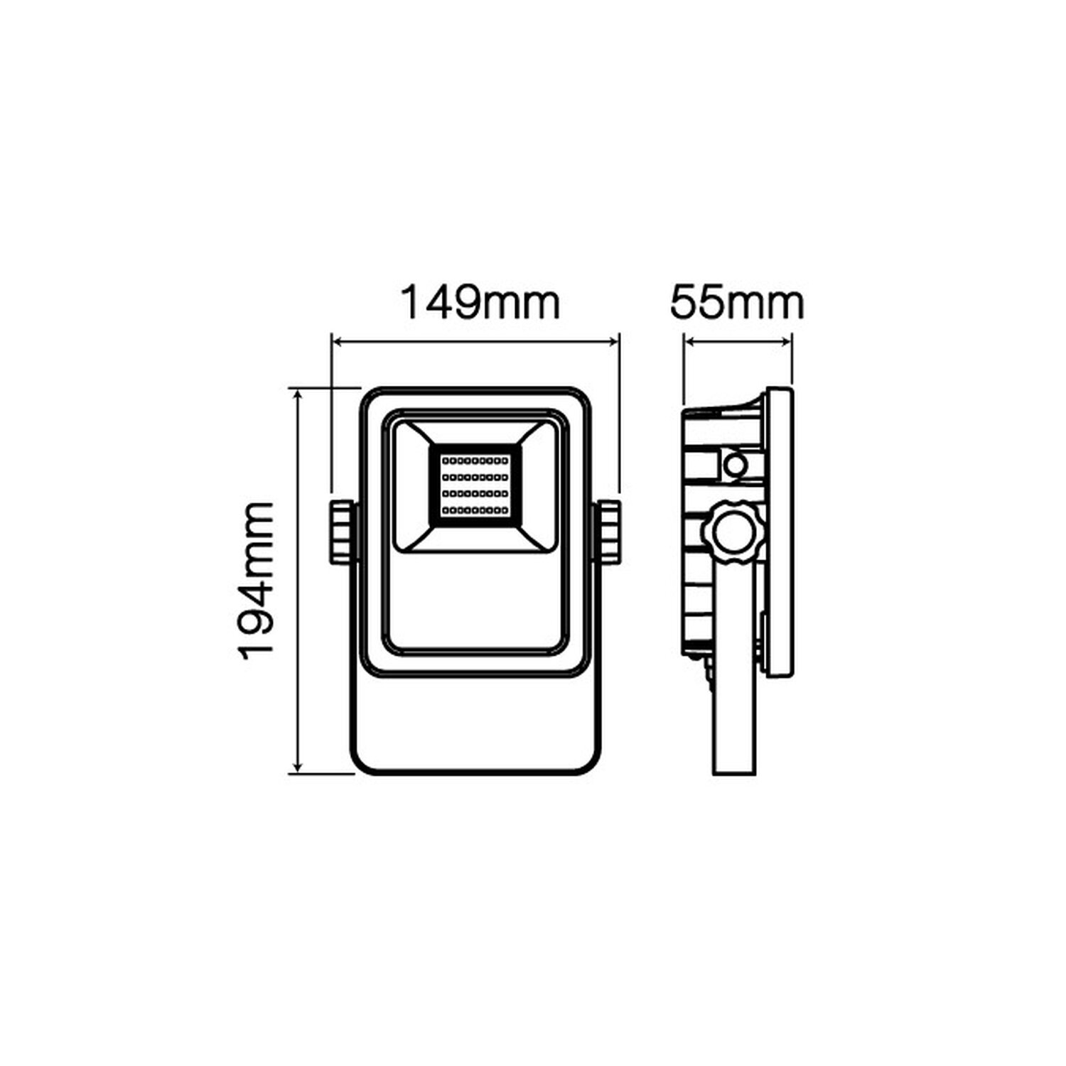 Diagramm eines weißen und schwarzen LED-Flutlichts mit Messungen.