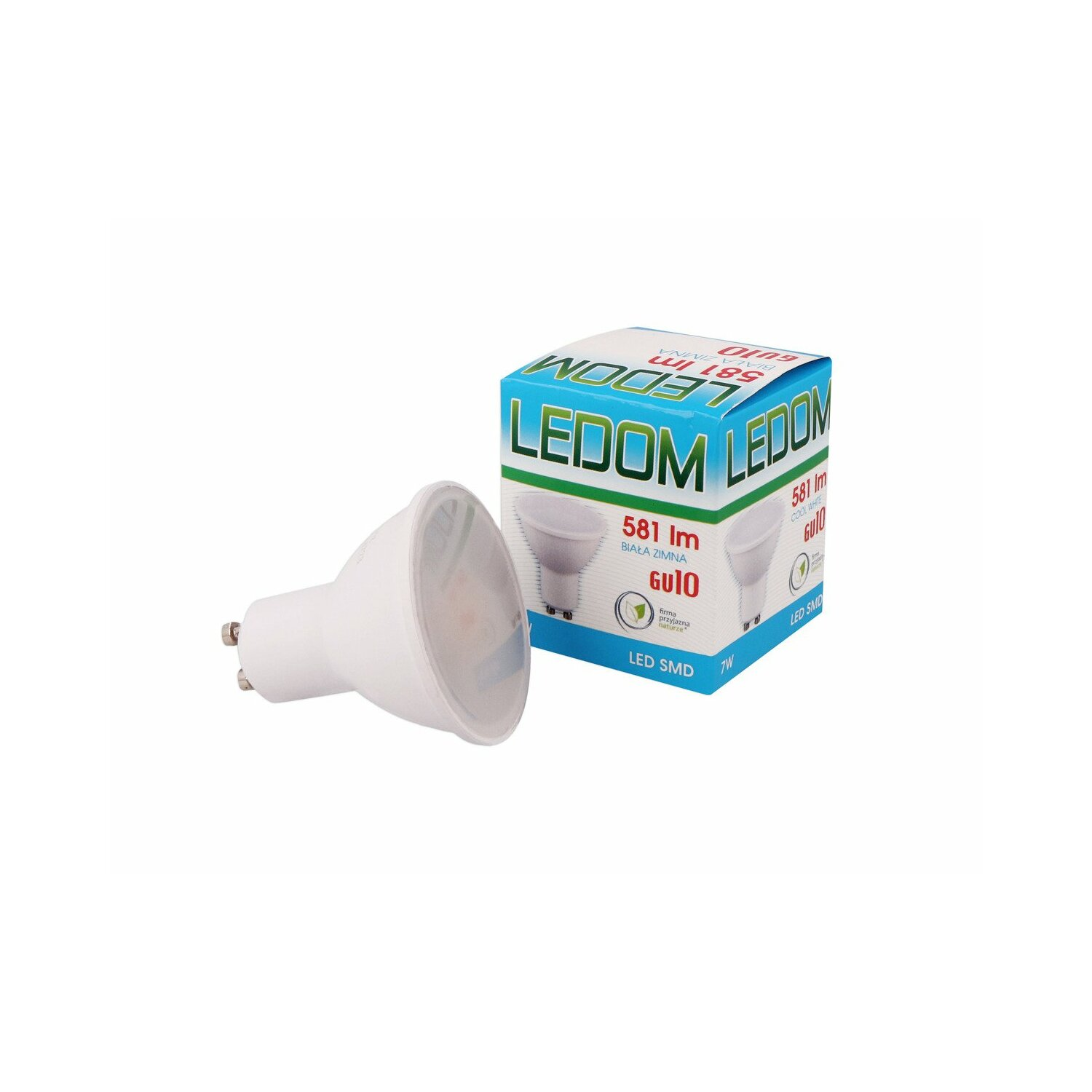 Eine weiße LED-Glühbirne und eine Box mit Text.