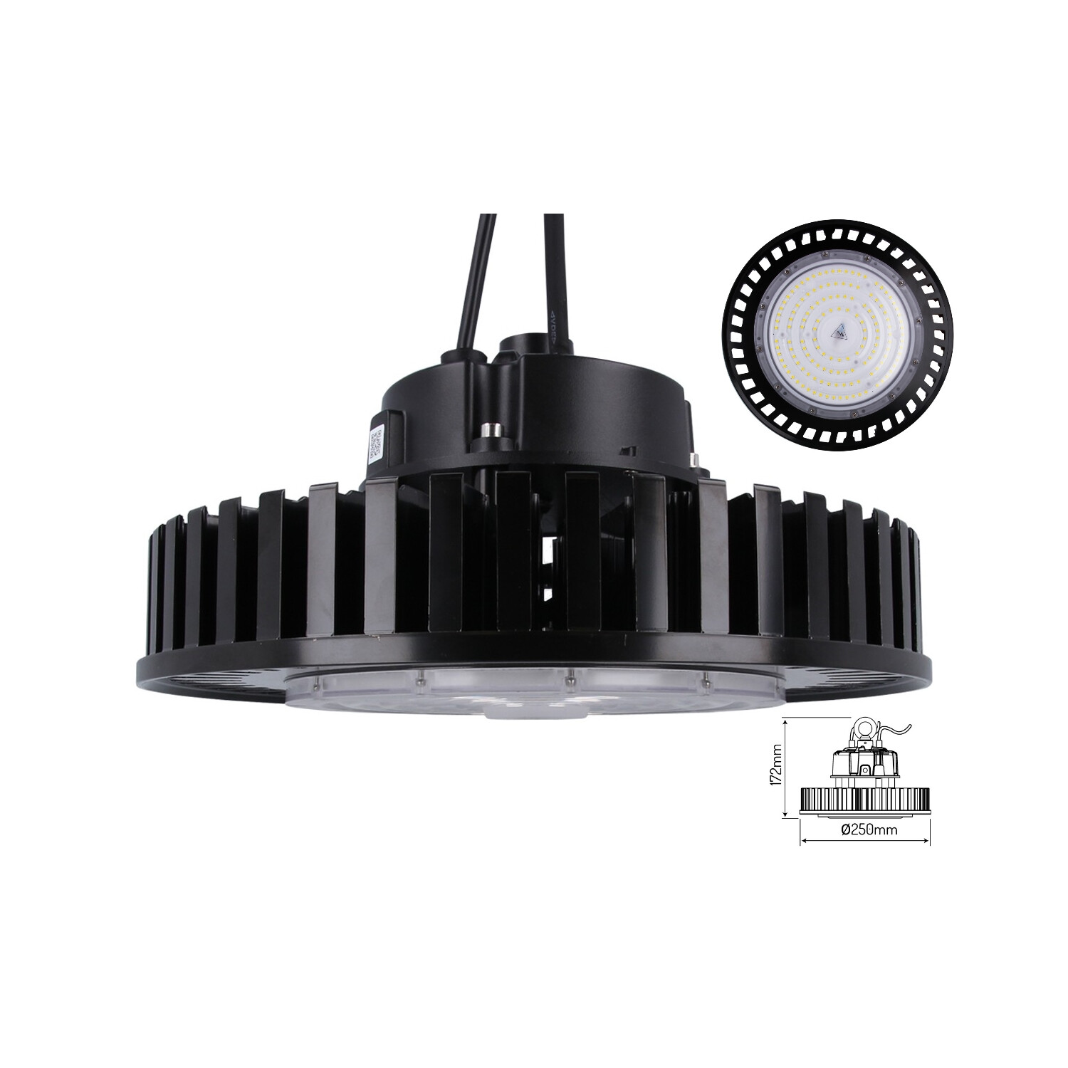 Schwarze industrielle LED-Lampe mit kreisförmigem Design. Der Einsatz zeigt die Lichtquelle.
