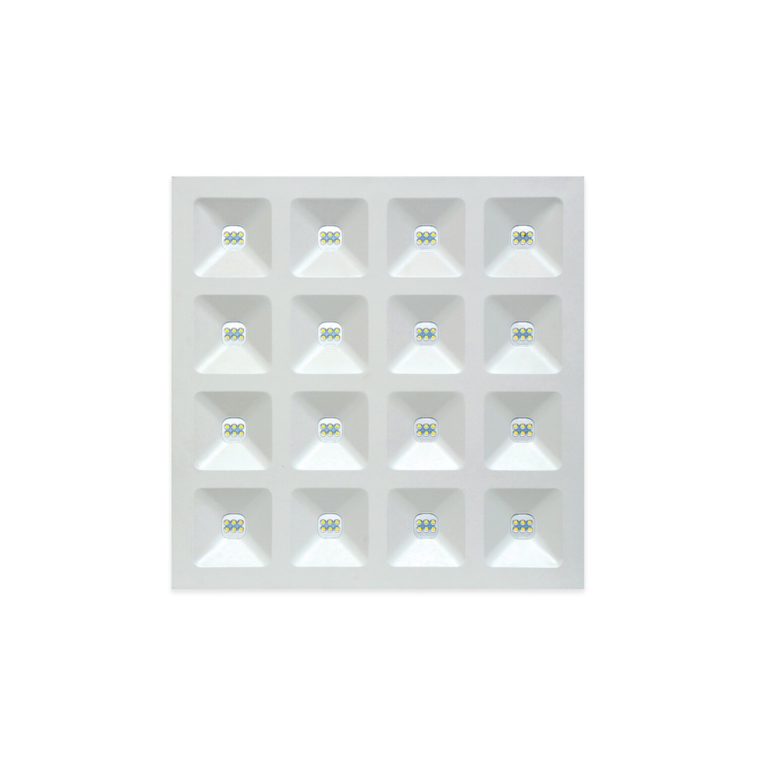 Ein weißes LED-Panel mit sechzehn quadratischen Lichtern. Jedes Quadrat hat ein kleines Design.