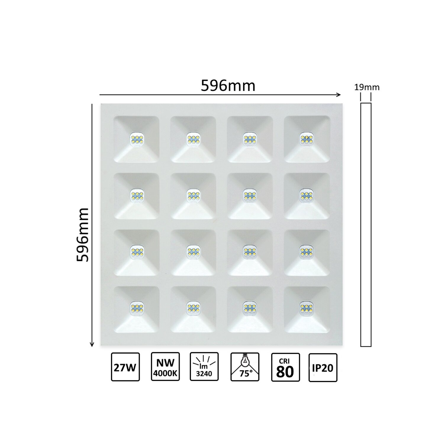 Ein weißes LED-Panel mit 16 quadratischen Lichtern. Abmessungen sind angegeben. 27W, 4000K, 3240 lm, IP20.