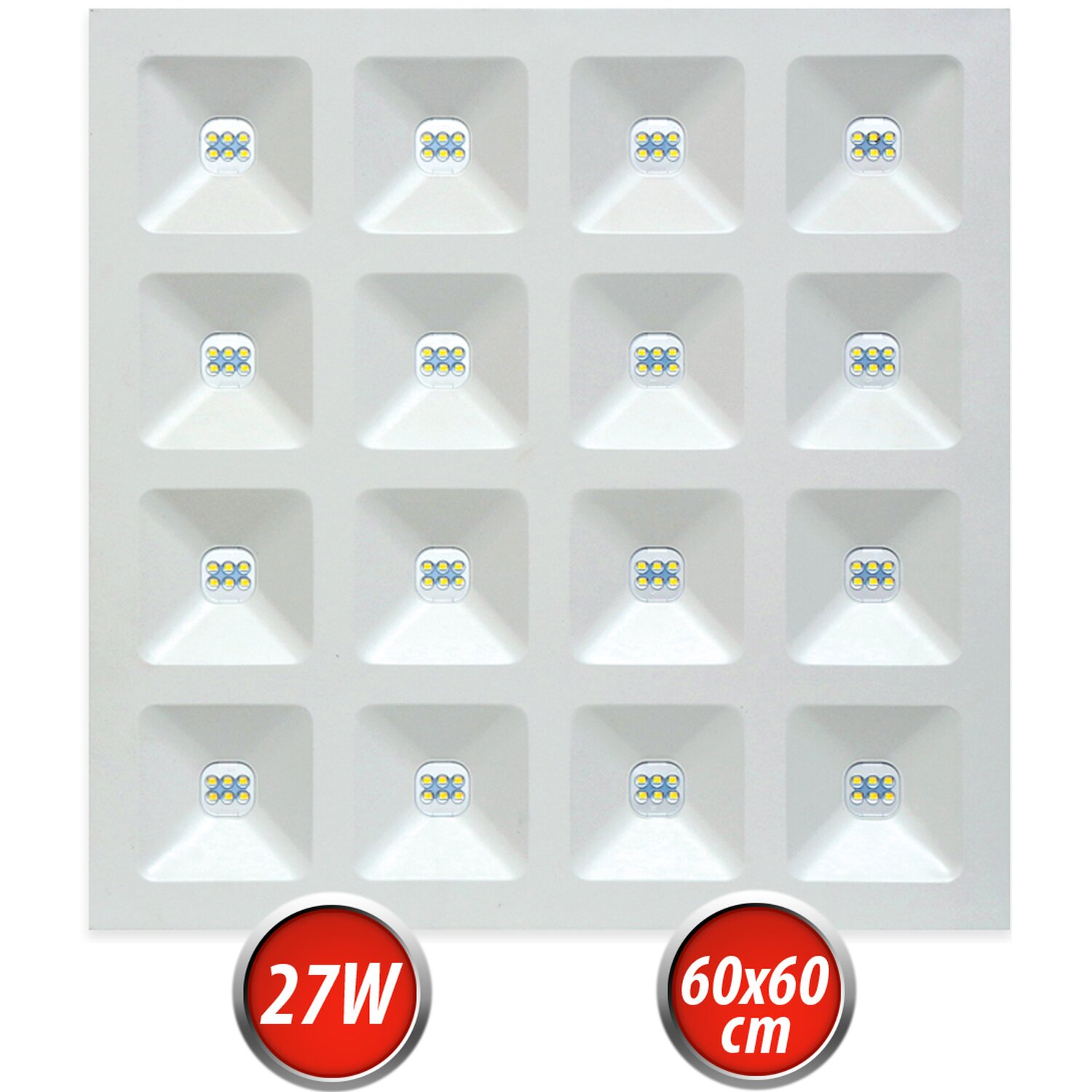 Ein weißes LED-Panel mit sechzehn quadratischen Lichtern, plus zwei roten Kreisen für Leistung und Abmessungen.