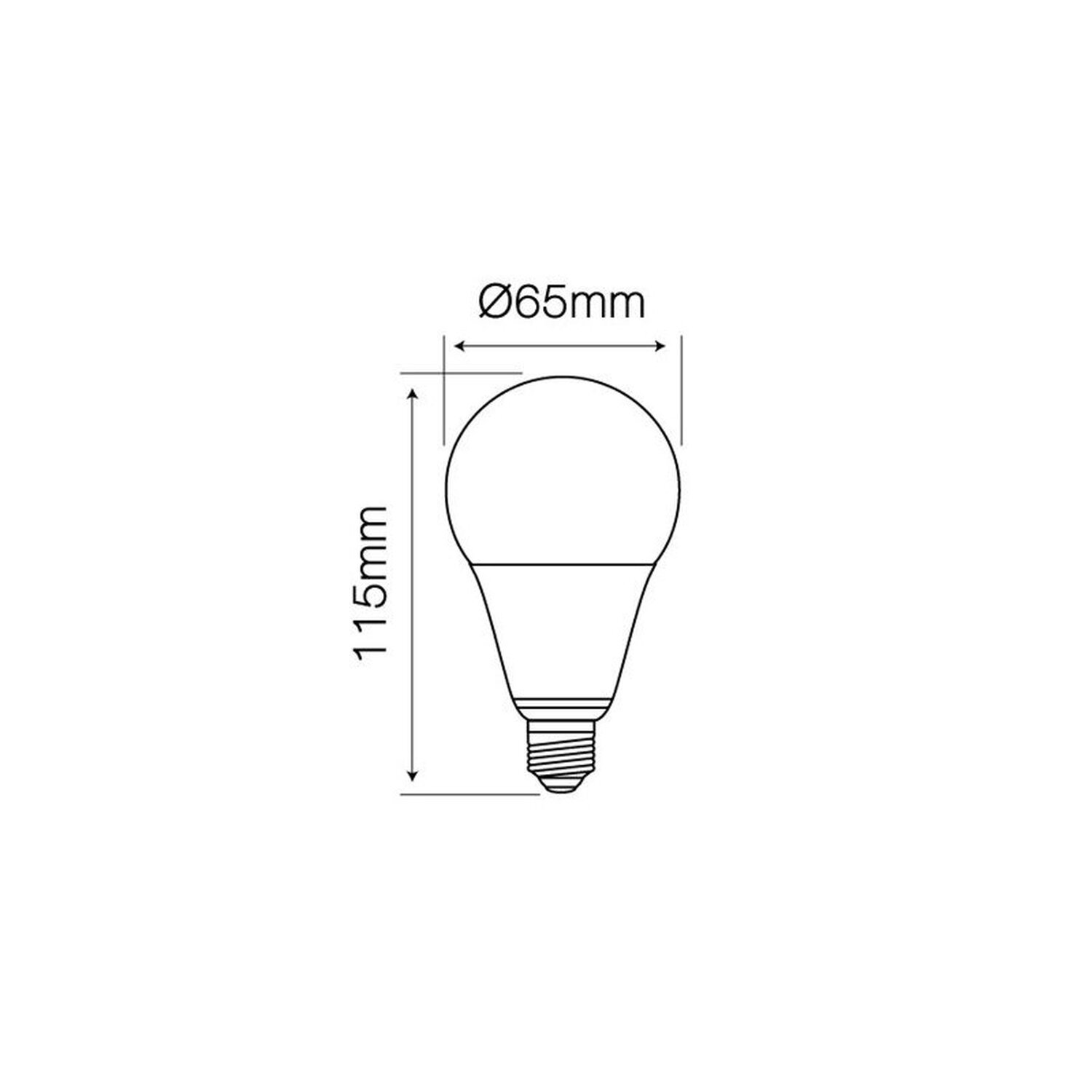 Diagramm einer LED-Glühbirne mit Abmessungen: 115 mm Höhe, 65 mm Durchmesser.