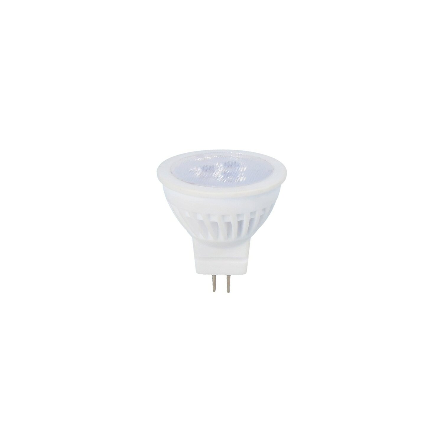 Eine weiße LED-Glühbirne mit zwei Stiften auf weißem Hintergrund.