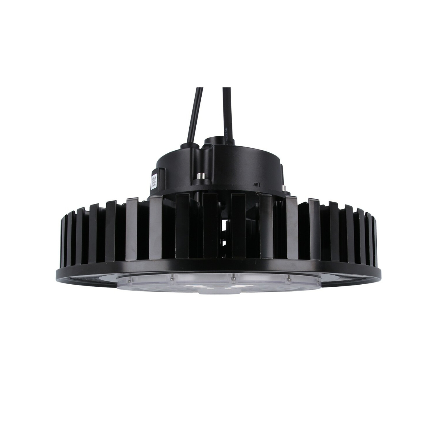 Schwarze kreisförmige LED-Leuchte, an Kabeln hängend, mit weißem Hintergrund.