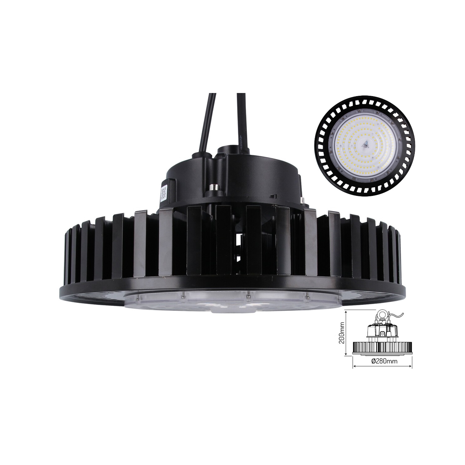 Schwarze kreisförmige Deckenleuchte mit weißem LED-Panel und schwarzen Lamellen.