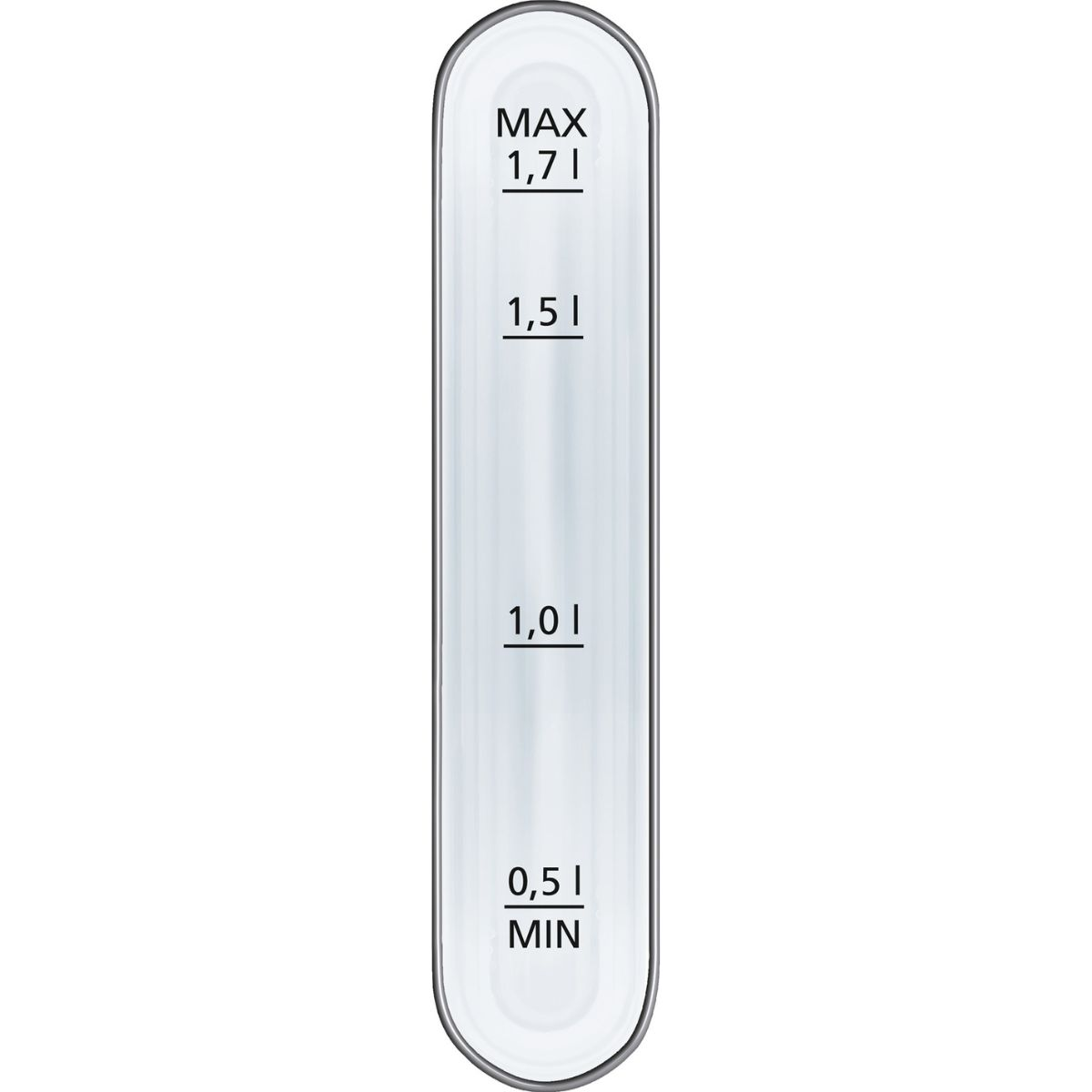 Eine Wasserstandsanzeige, weiß mit schwarzen Markierungen. Sie hat Pegel von 0,5 bis 1,7 Litern.