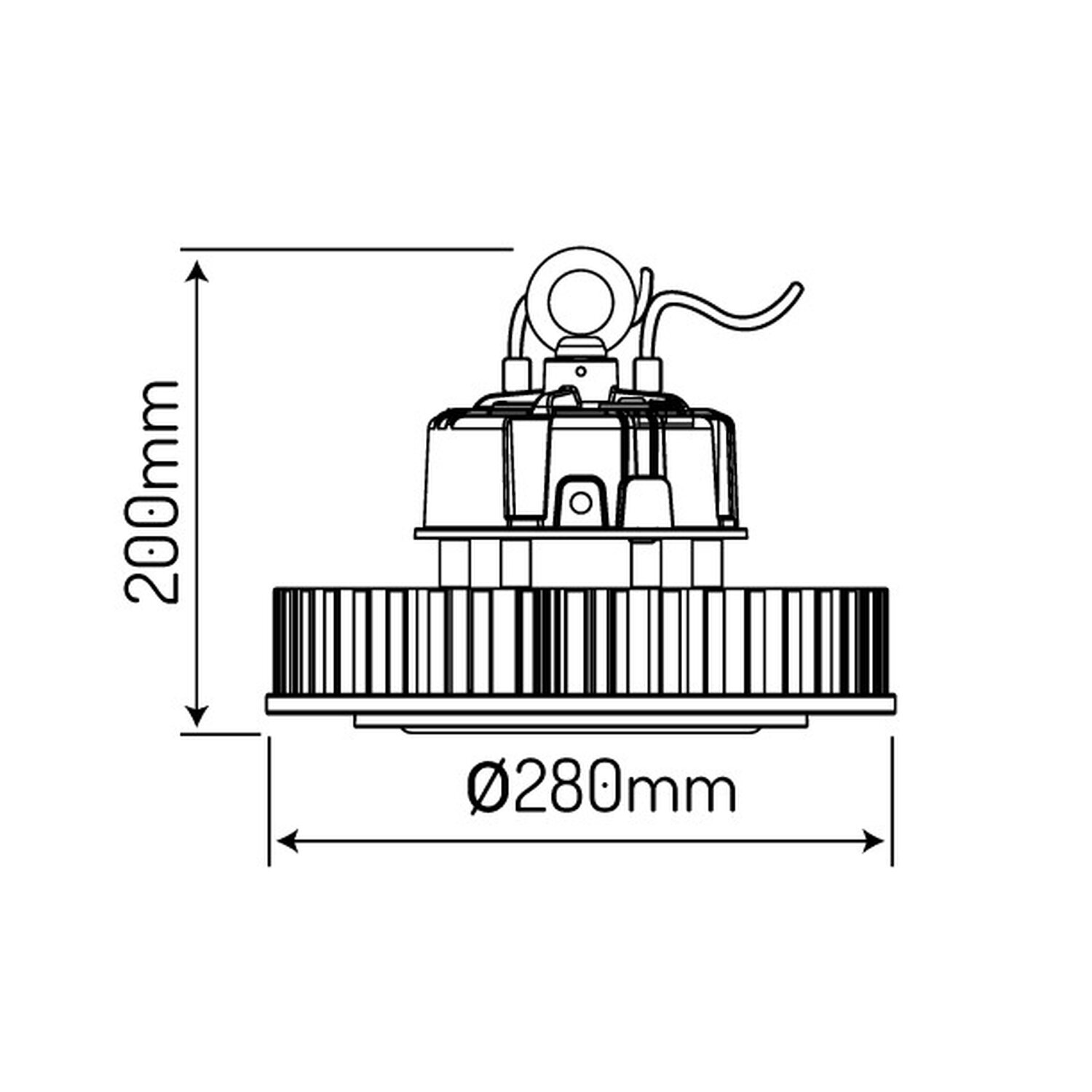 Maßzeichnung einer Leuchte. Durchmesser 280 mm, Höhe 200 mm.