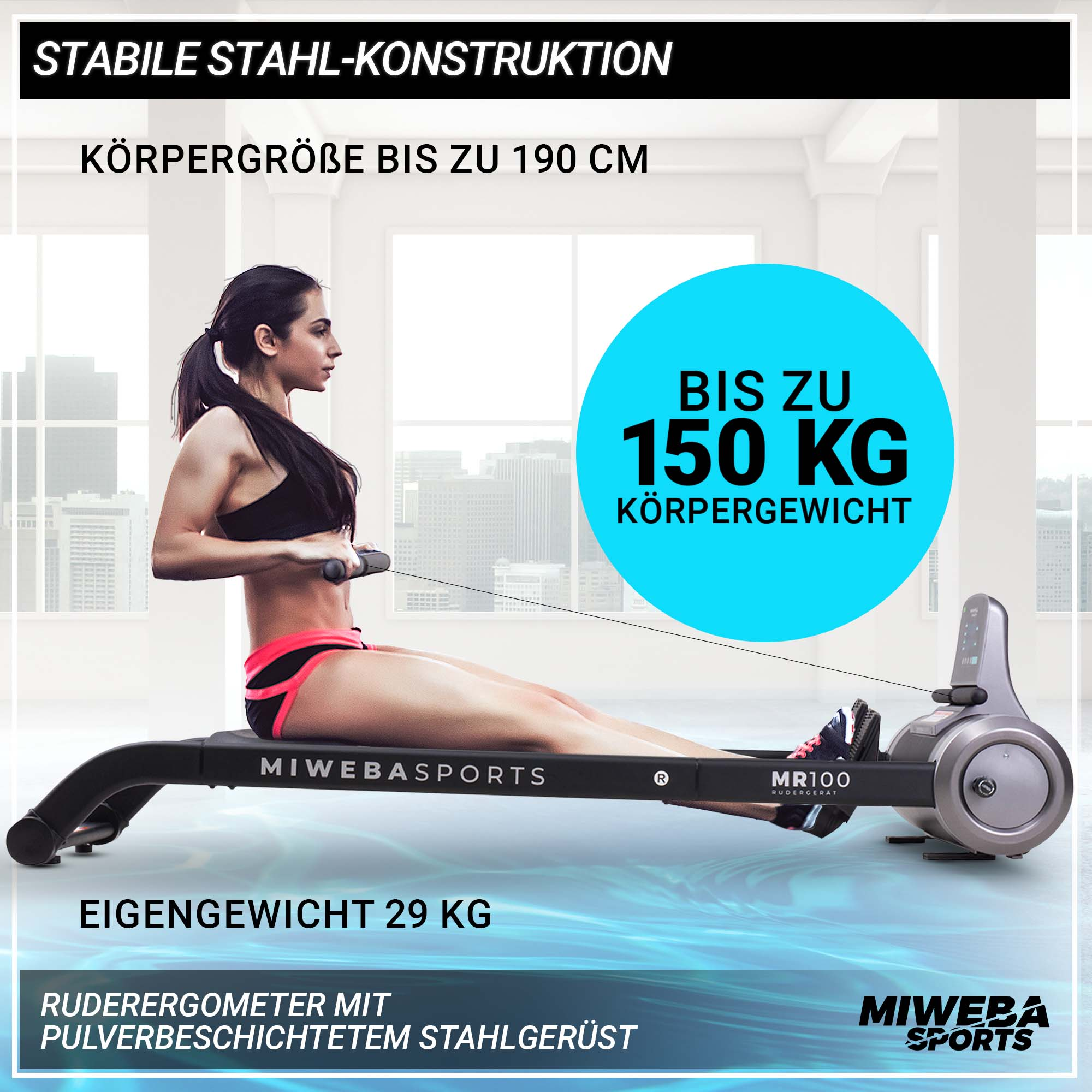 Frau rudert an der Maschine, Text über Gewicht und Körperbau.