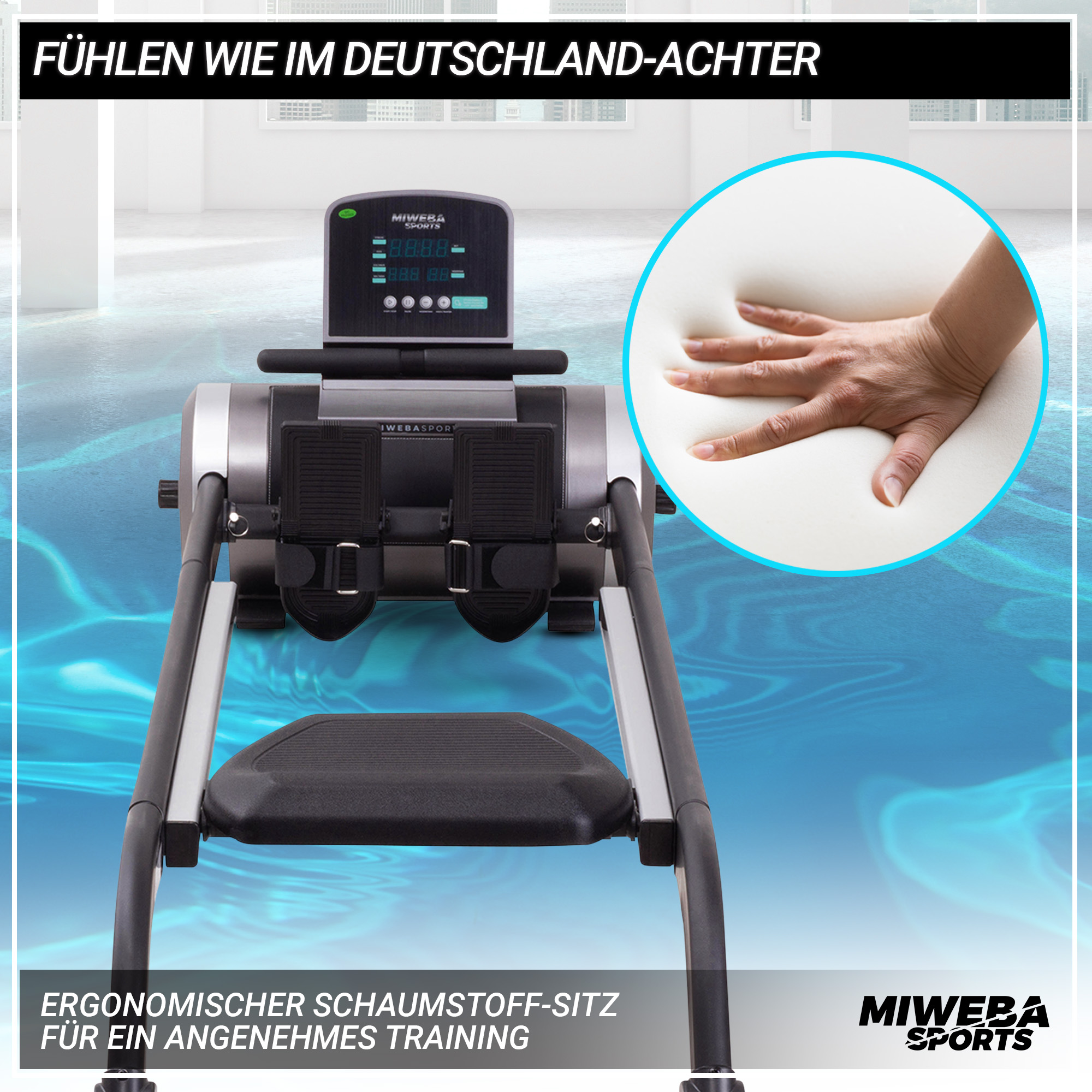 Rudergerät mit der Hand einer Person auf dem Sitz.