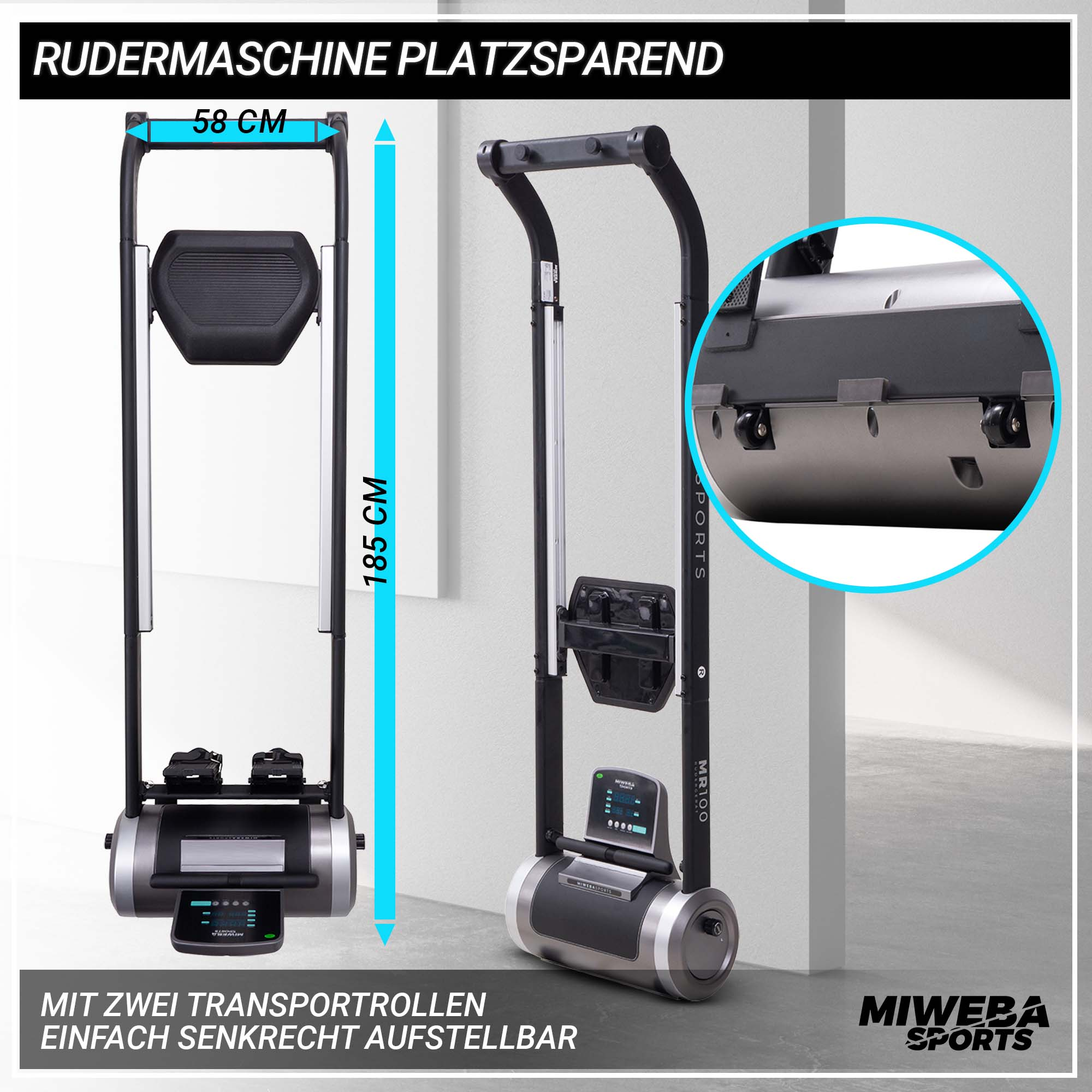 Schwarze und silberne Rudermaschine mit Maßen. Text: 'MIWEBA SPORTS'.