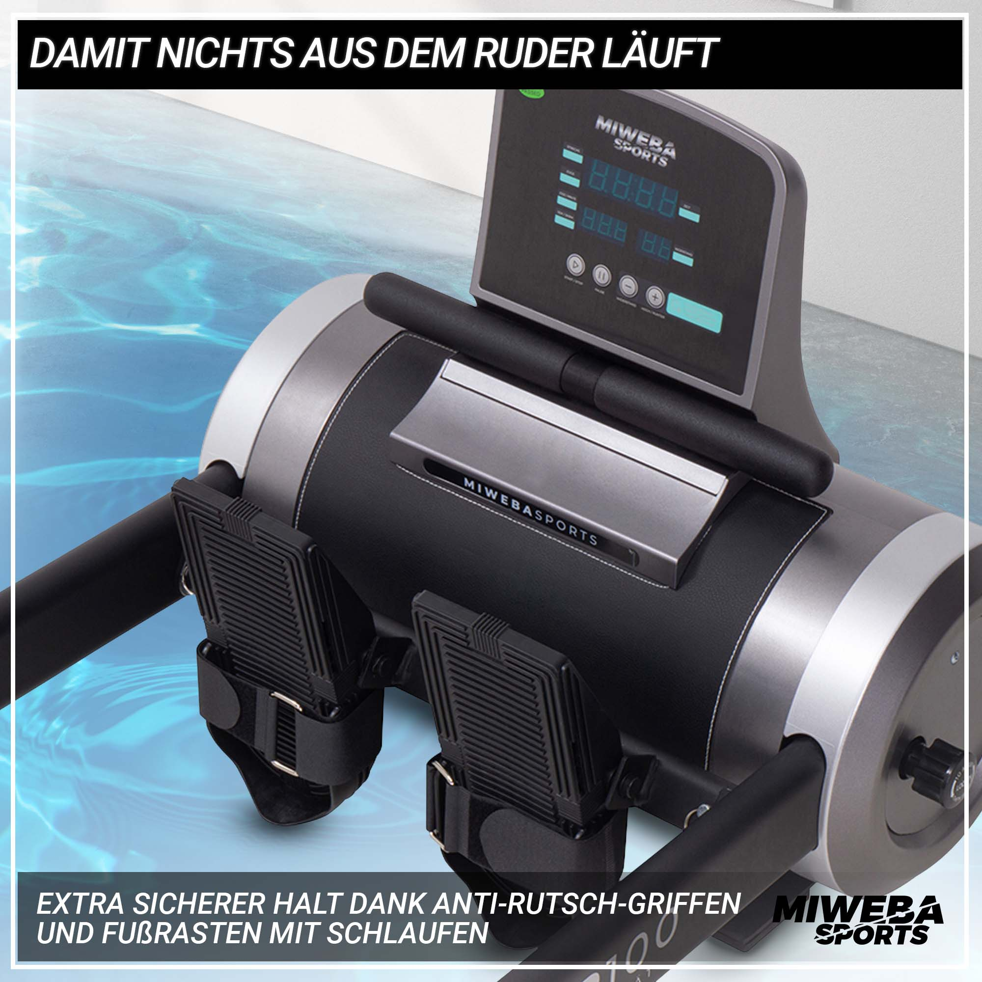 Rudergerät mit Digitalanzeige und Fußstützen. Text: 'MIWEBA SPORTS' und Anti-Rutsch-Griffen.