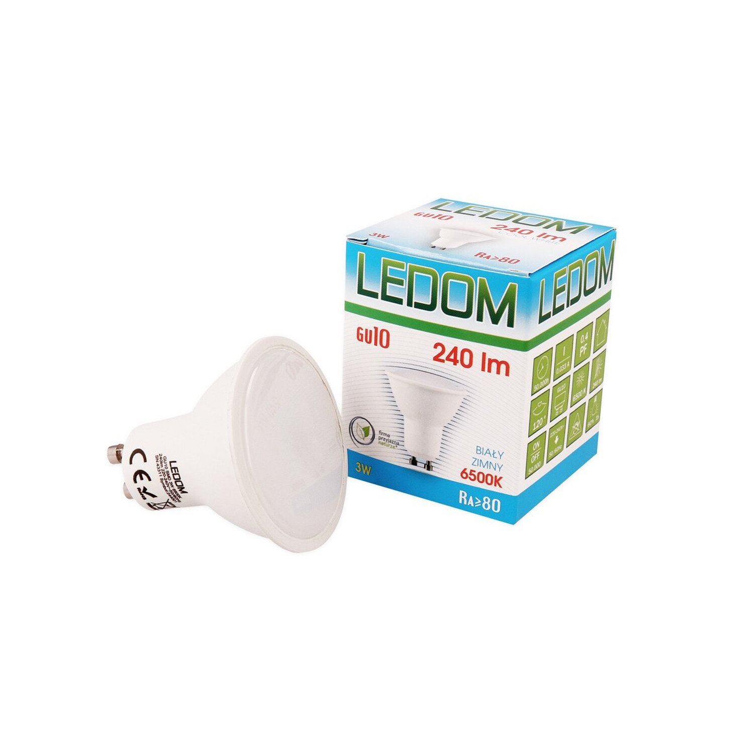 Weiße LED-Glühbirne und ihre Verpackung. Die Verpackung ist blau und weiß mit Produktinformationen und einem Logo.