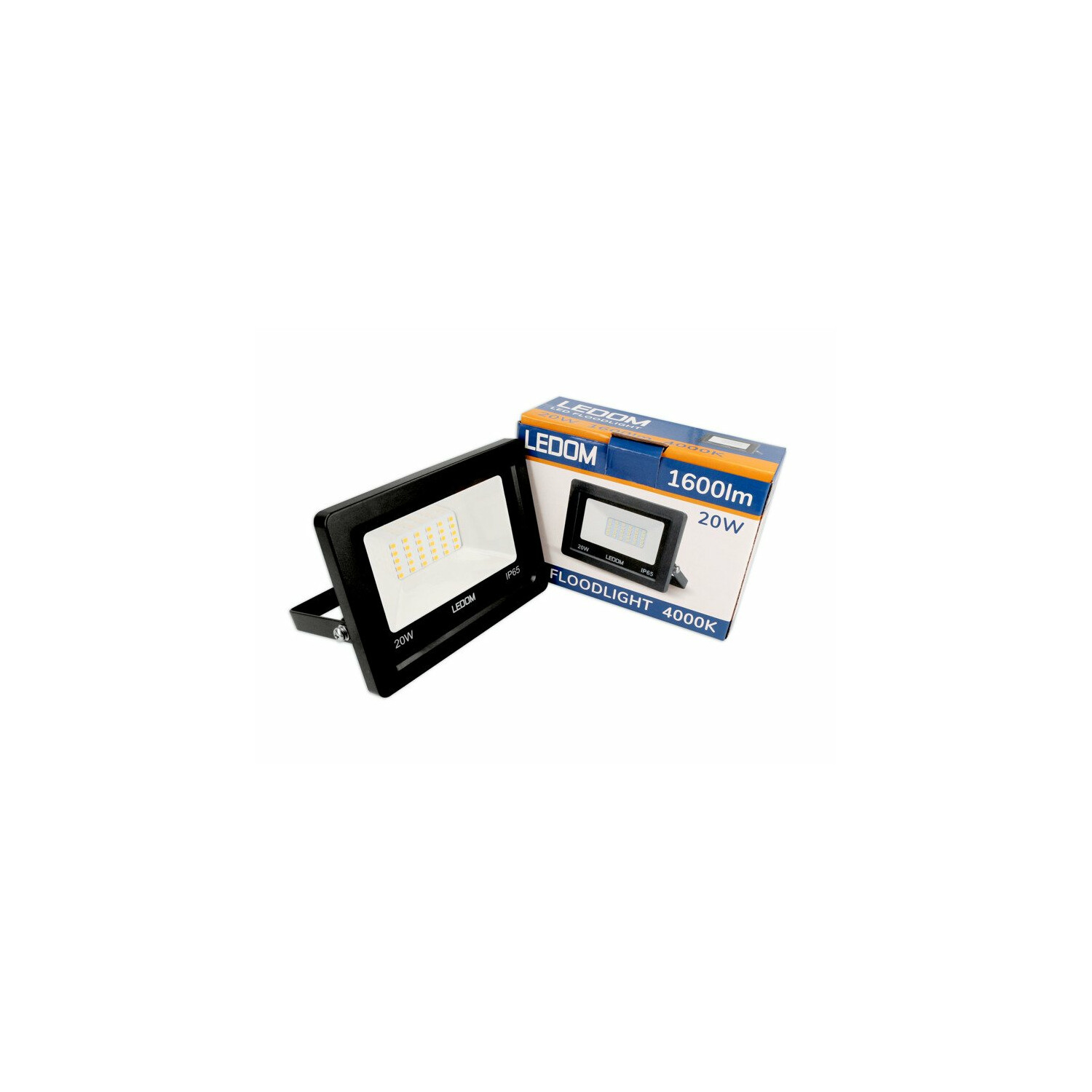 Schwarzer LED-Flutlichtstrahler mit Karton. Die Box zeigt Produktname, Wattzahl und Lumen.