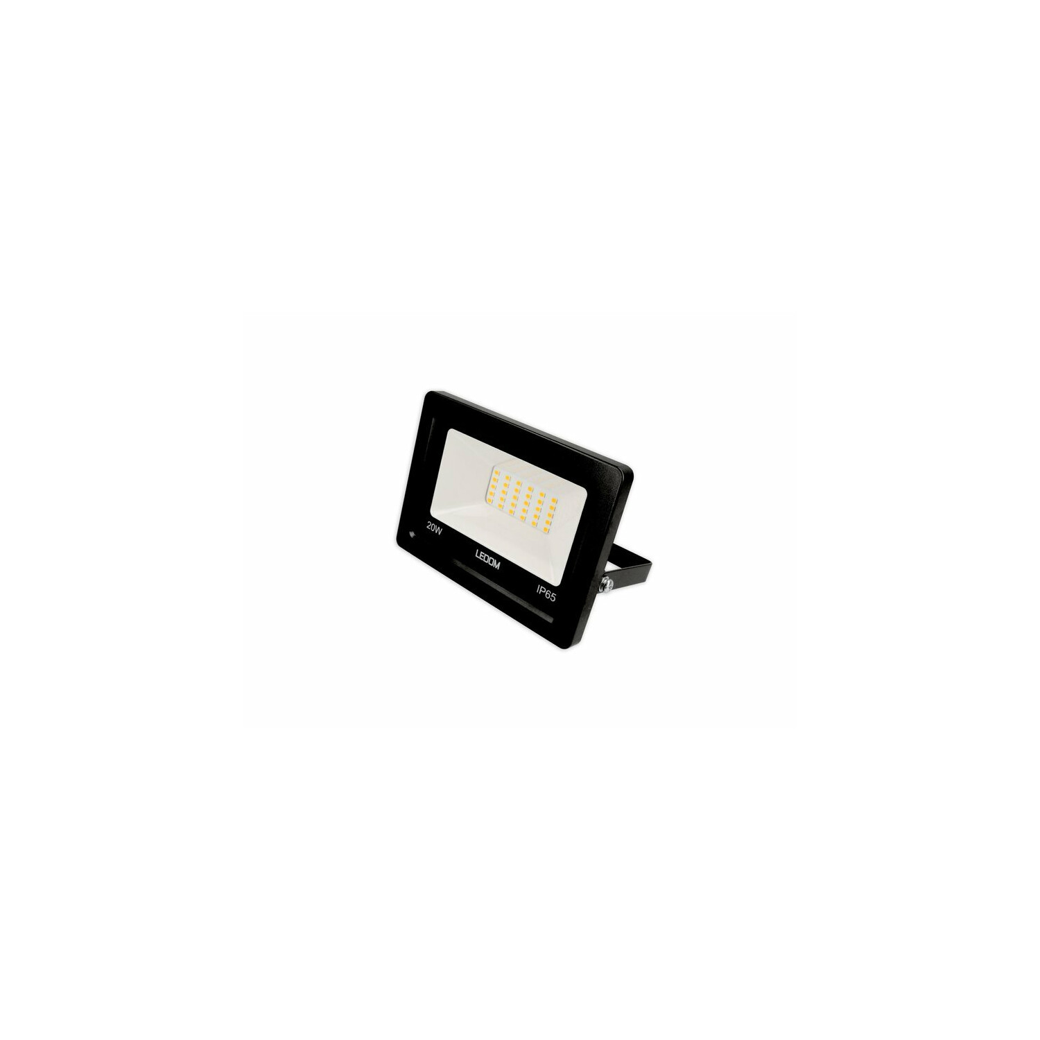Schwarzer LED-Fluter mit weißem Licht, abgewinkelt auf weißem Hintergrund.