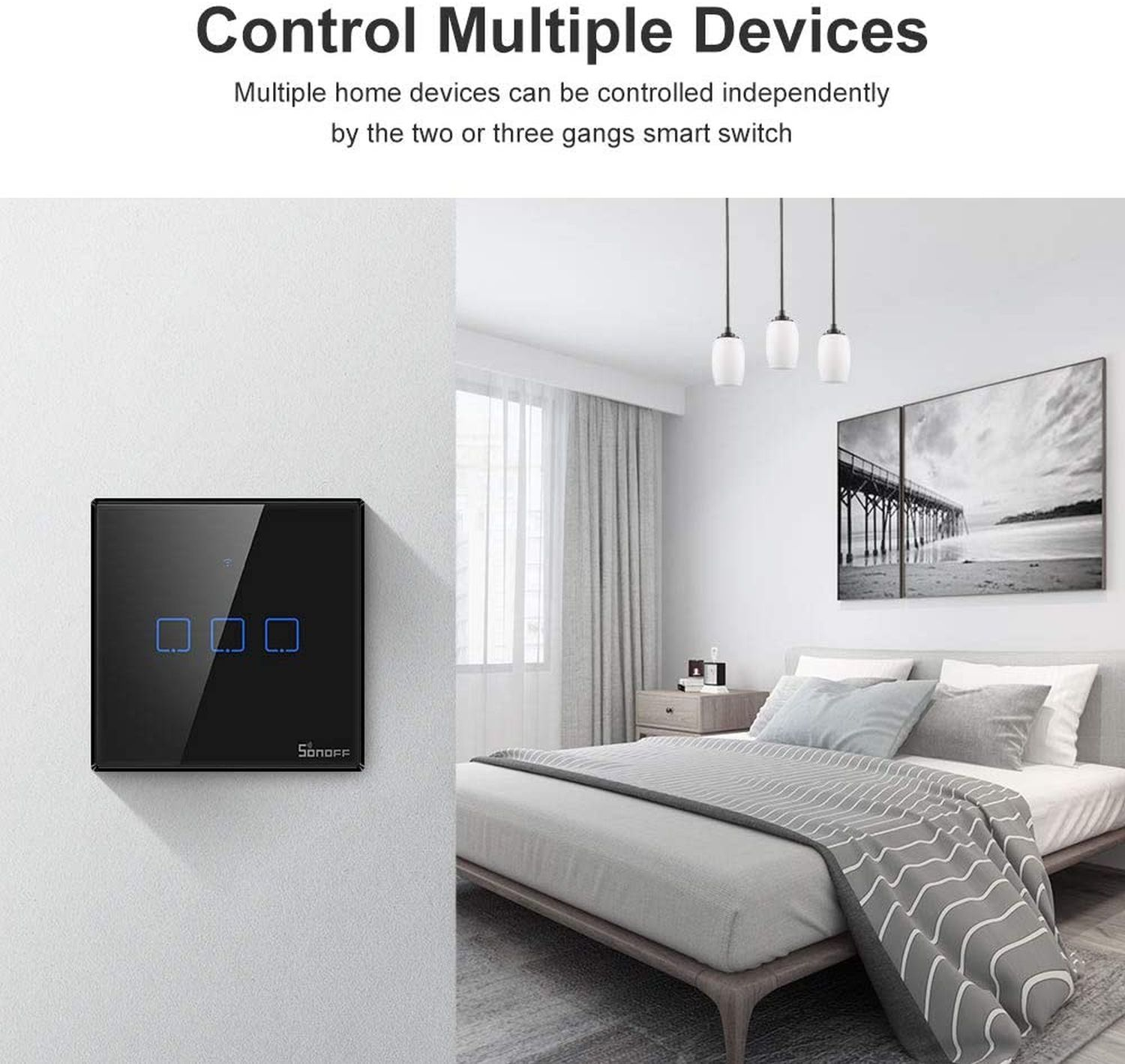 Pannello di controllo della casa intelligente a parete, con pulsanti e una camera da letto sullo sfondo.