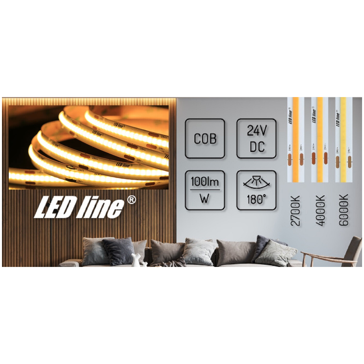 Werbung für LED-Streifen. Es zeigt ein Bild der Lichter und technische Daten.