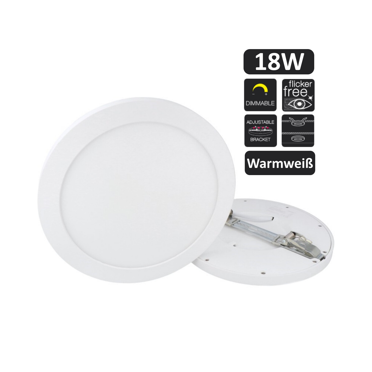 Runde weiße LED-Leuchte mit Dimmer und anderen Symbolen auf weißer Oberfläche. Schwarzer Text sichtbar.