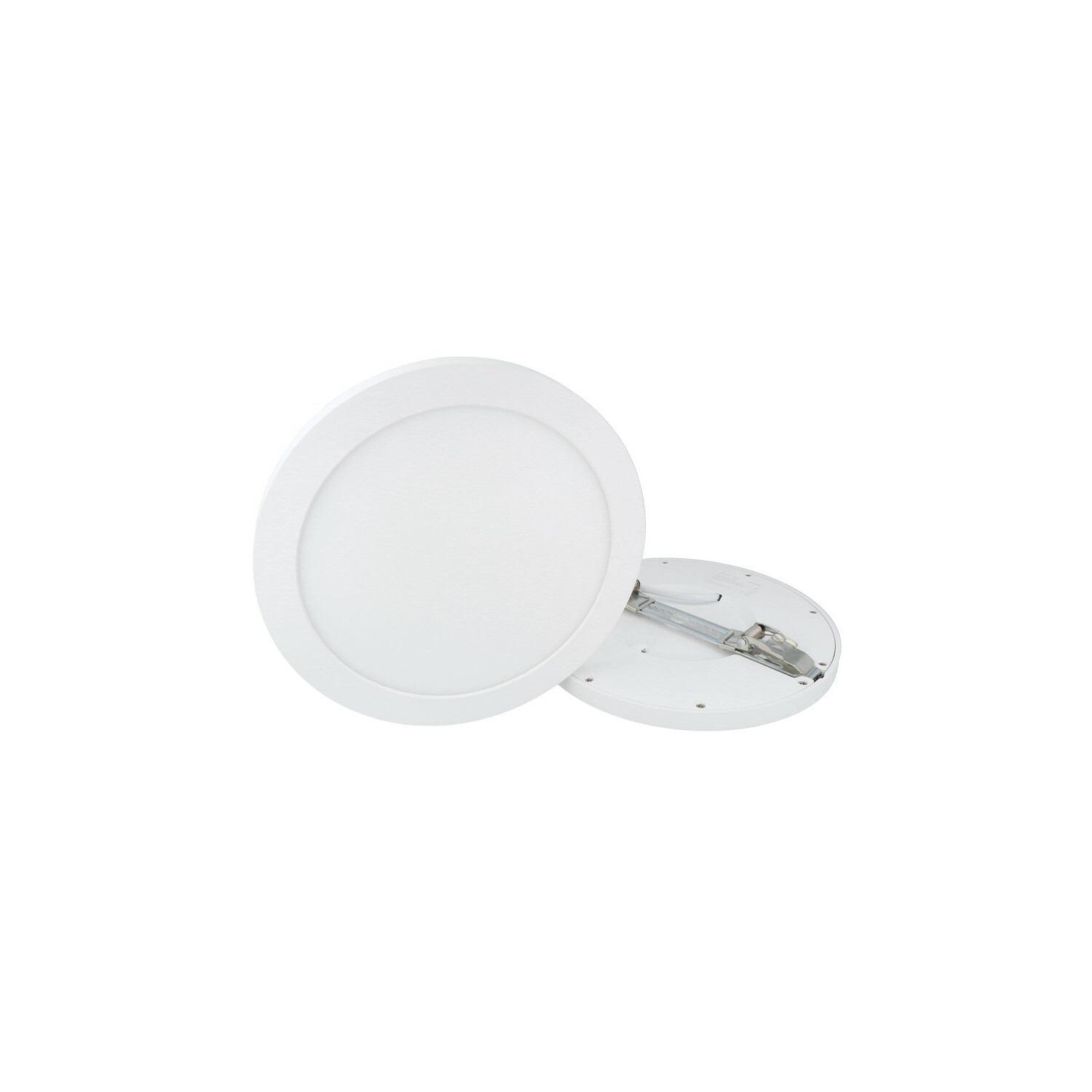 Zwei weiße runde LED-Panelleuchten. Eine offen. Weißer Hintergrund.