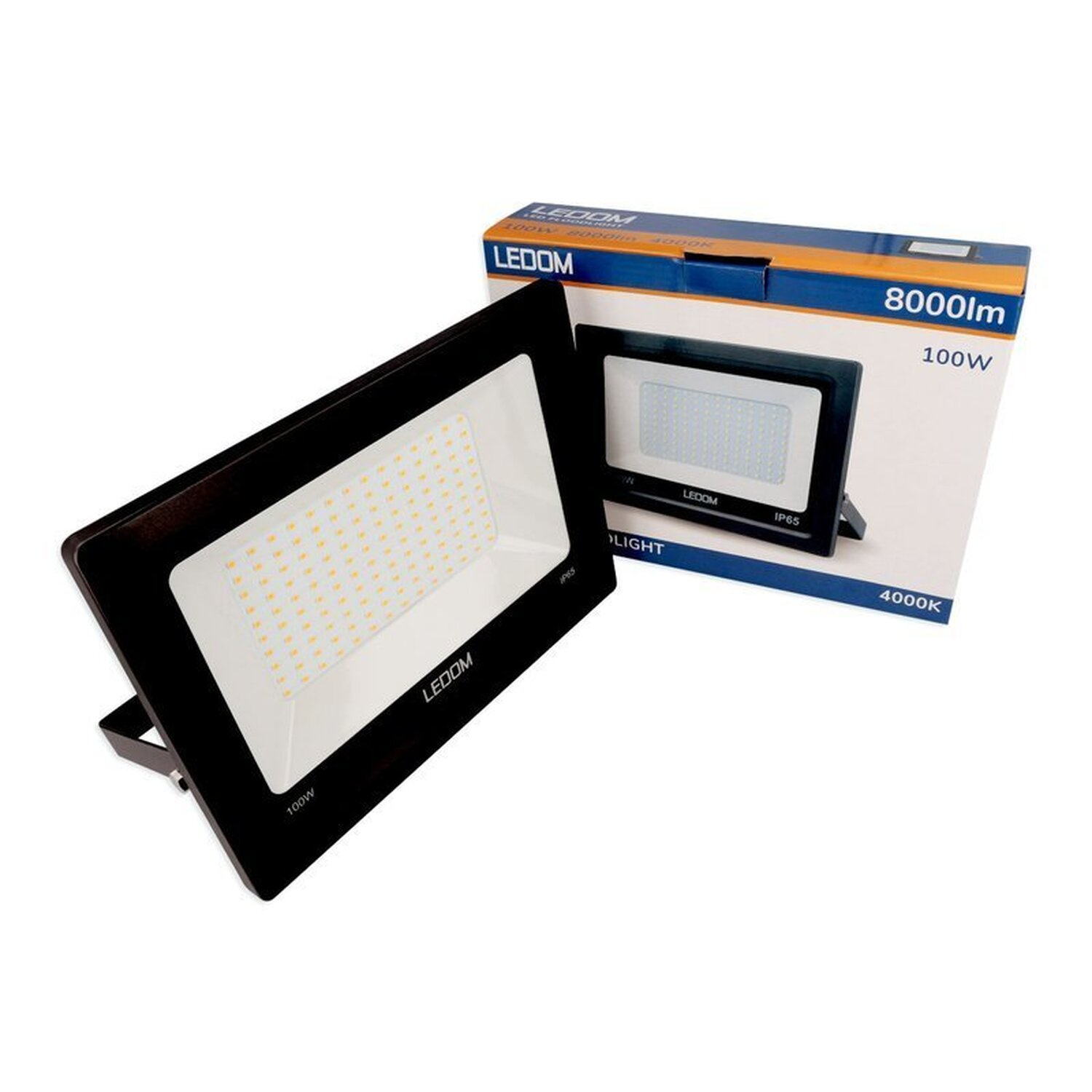 Schwarzer LED-Flutlichtstrahler und -Box. Weißer Hintergrund.
