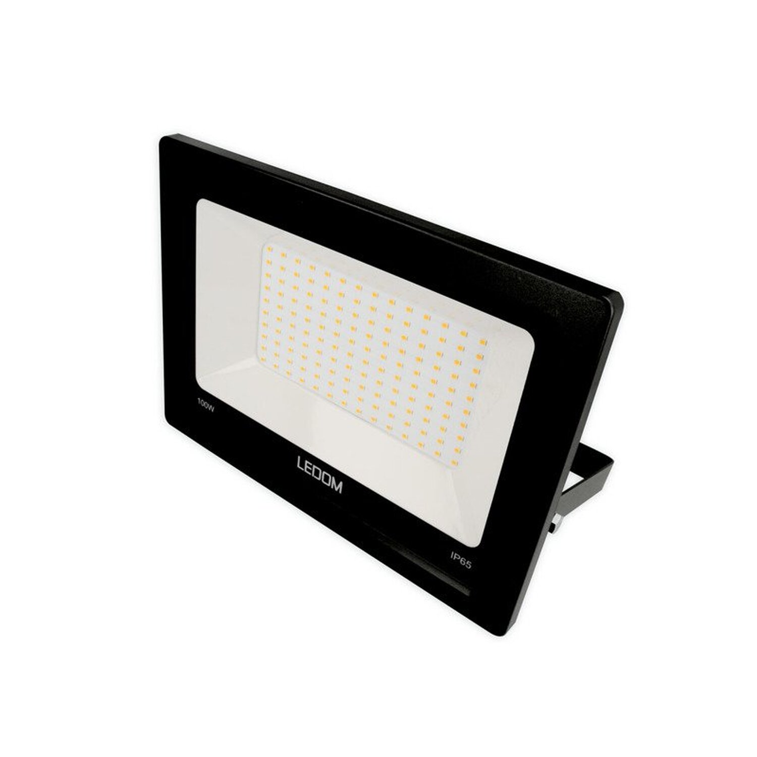 Schwarzer LED-Flutlichtstrahler mit weißem Licht. Auf weißem Hintergrund.