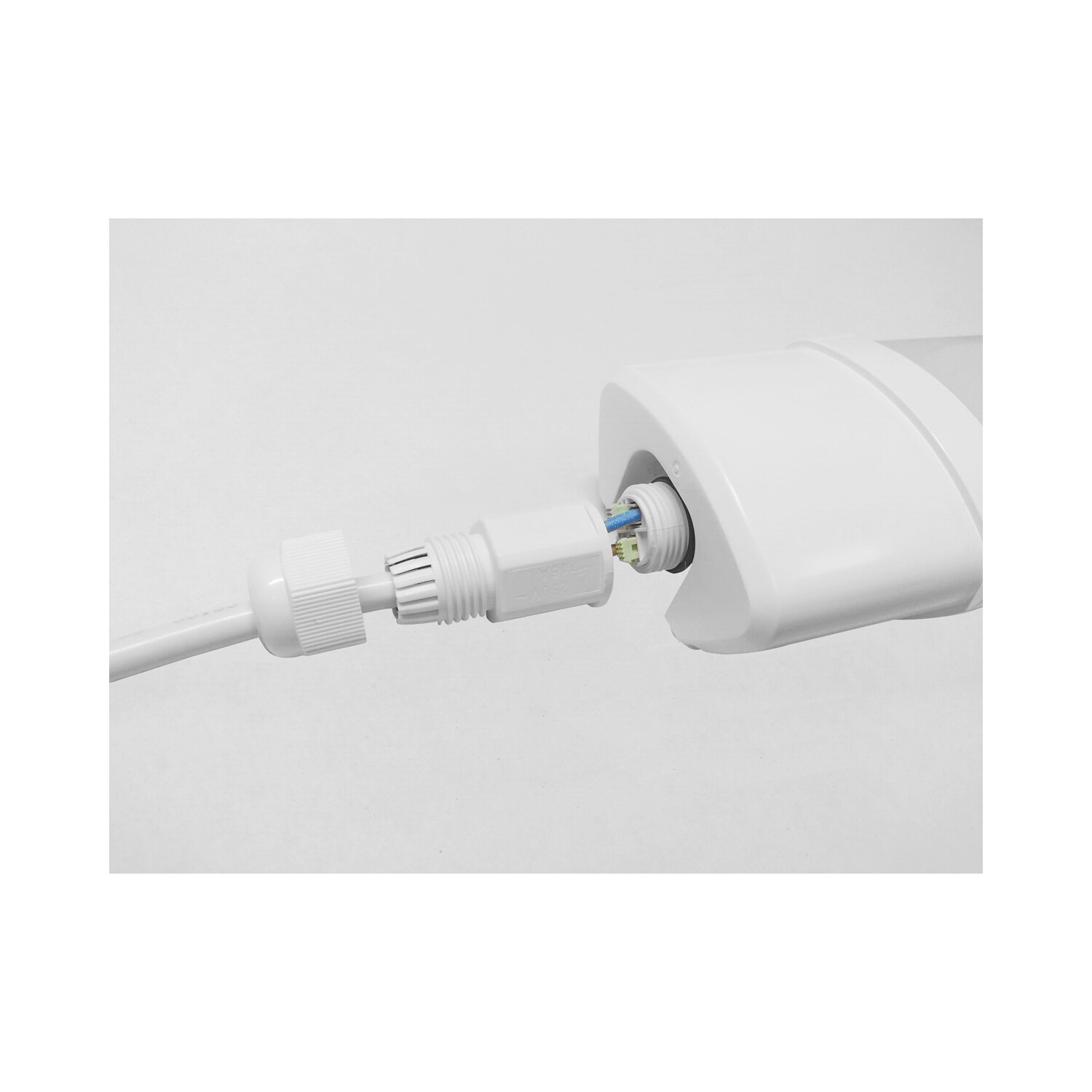 Weißes Elektrokabel und Stecker vor weißem Hintergrund, zeigt die Verbindung.