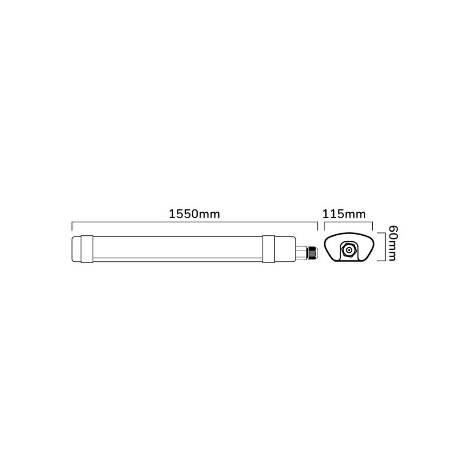 Diagramm einer LED-Lichtleiste mit Abmessungen: 1550 mm lang, 60 mm hoch und 115 mm breit an einem Ende.