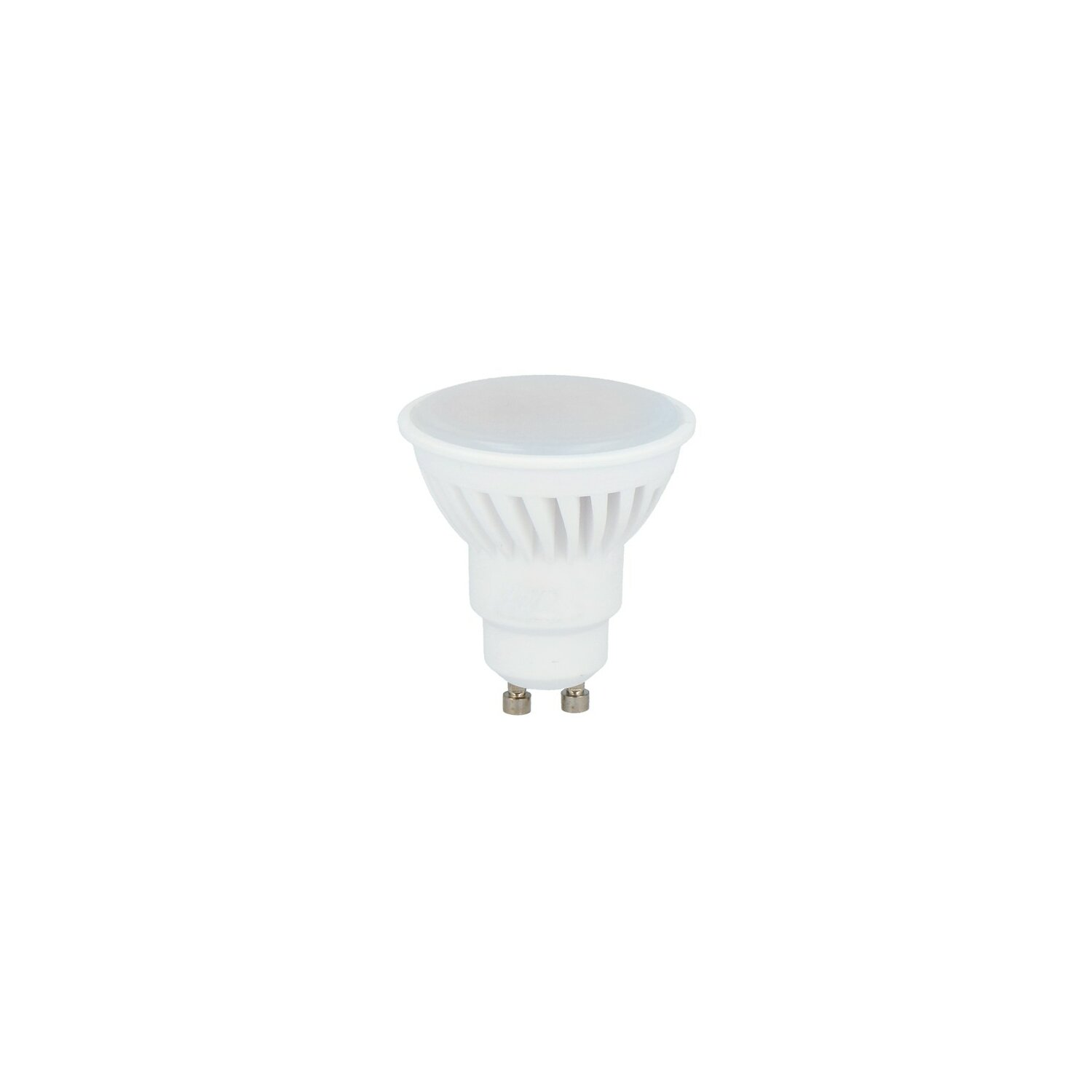 Eine weiße LED-Glühbirne vor weißem Hintergrund. Die Glühbirne hat eine zylindrische Form.