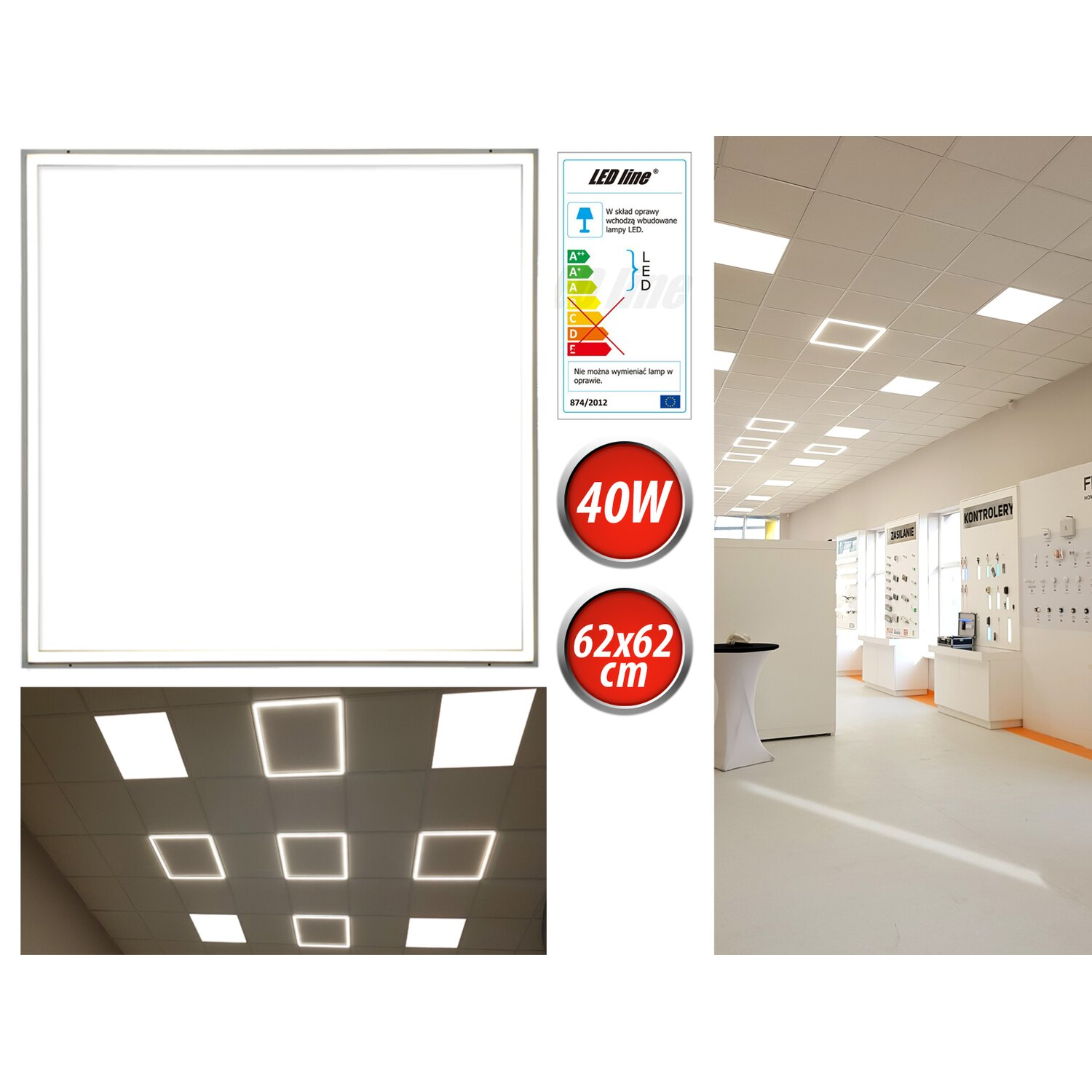 Weiße Decke mit quadratischen Lichtern und Produktdisplay mit 40W und 62x62 cm Schild.