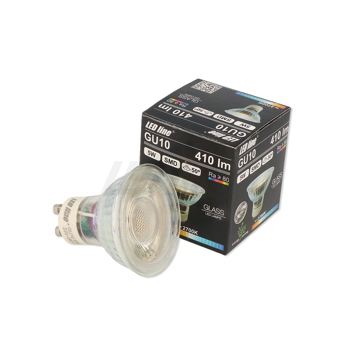 GU10 LED-Lampe vor der Box. Die Box enthält Informationen über das Produkt.