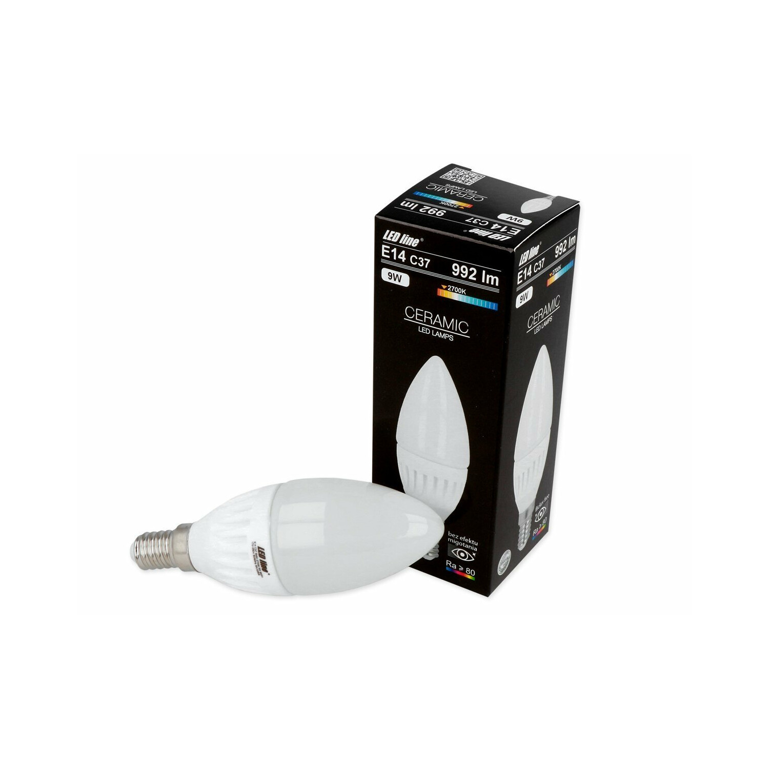 Weiße LED-Glühbirne und ihre Verpackung. Die Verpackung ist schwarz-weiß mit Produktinformationen.