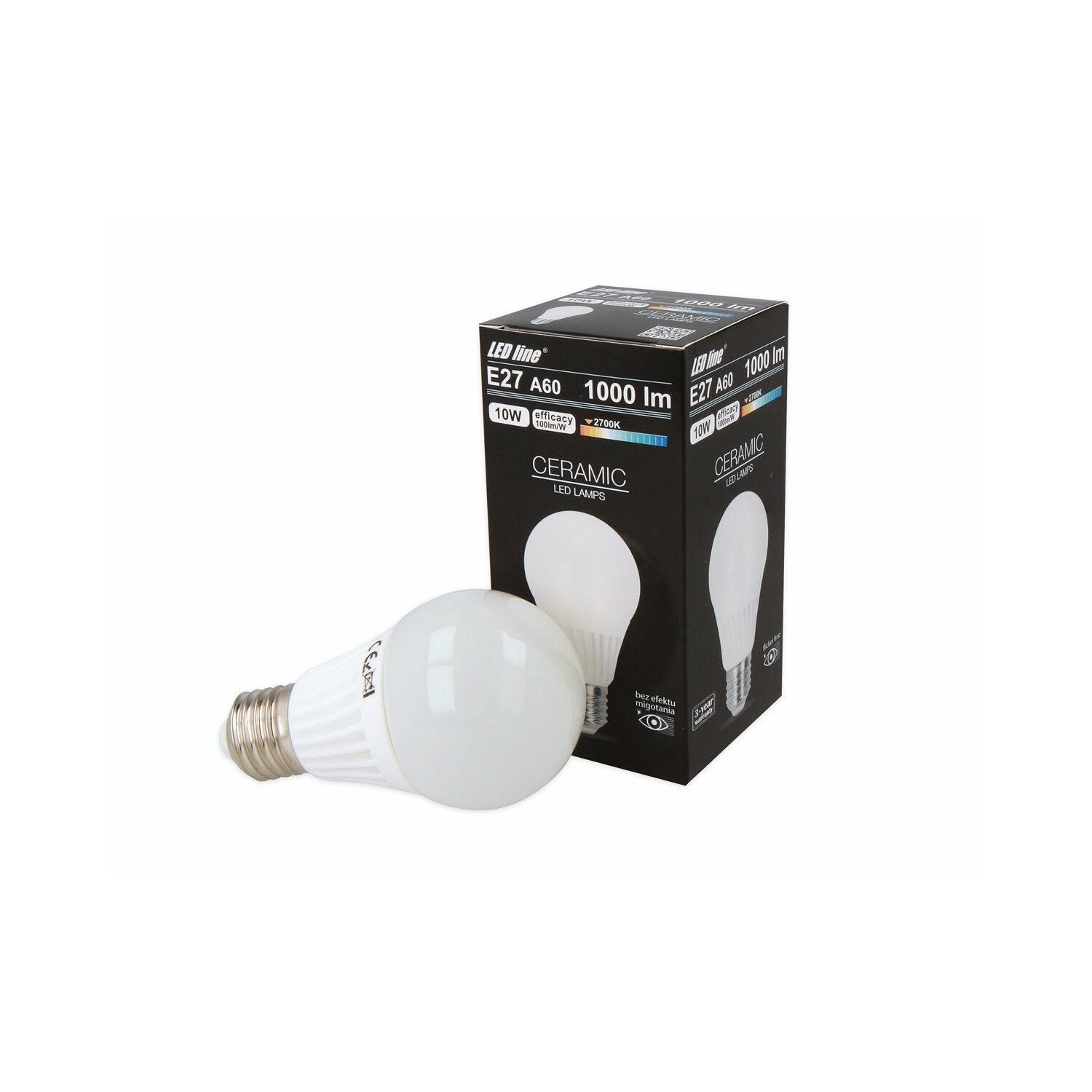 Weiße LED-Glühbirne und Karton. Auf dem Karton steht 'CERAMIC LED LAMPS'.