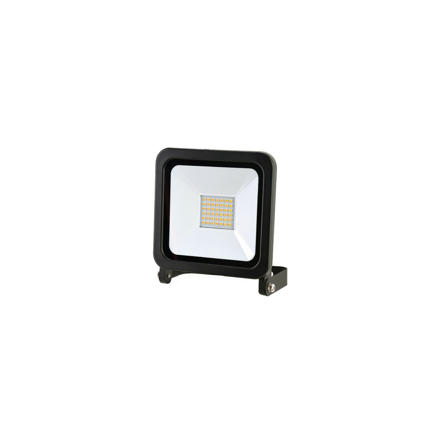 Schwarzer quadratischer LED-Fluter. Weißes Lichtpanel mit vielen gelben LEDs. Schwarzer Rahmen und Halterung.