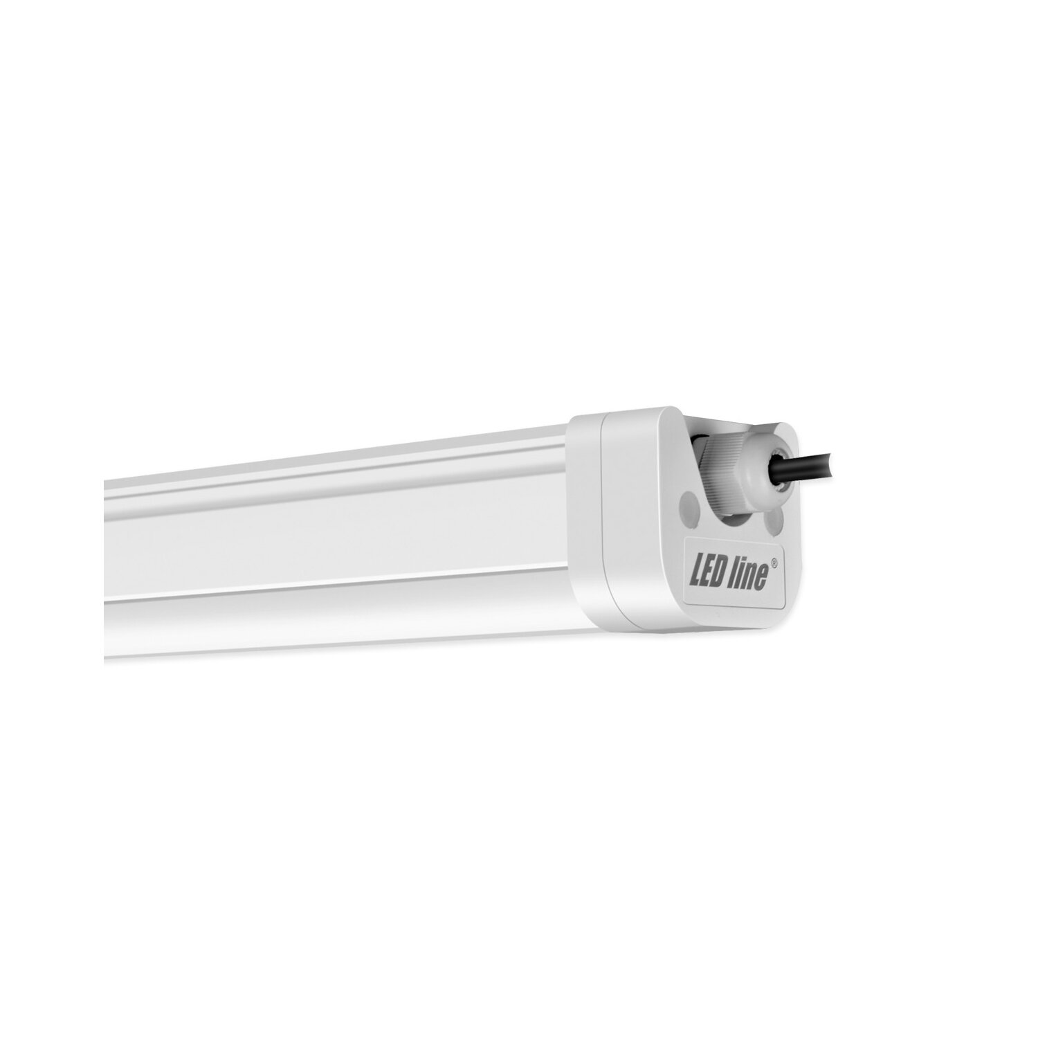 Ein weißes LED-Linienlicht, wobei die Endkappe sichtbar ist. Die Kappe ist weiß mit einem schwarzen Netzkabel.