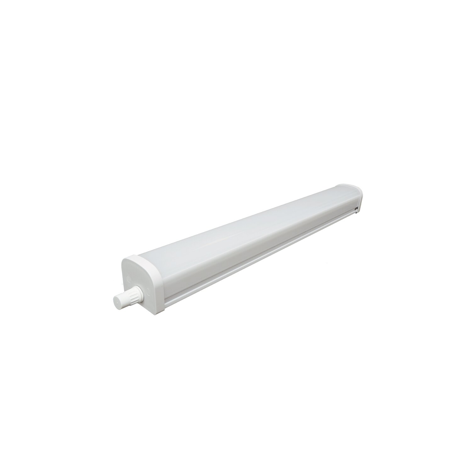 Eine weiße LED-Röhrenleuchte ist auf einem weißen Hintergrund abgewinkelt und zeigt ihre zylindrische Form und den angebrachten Stecker.