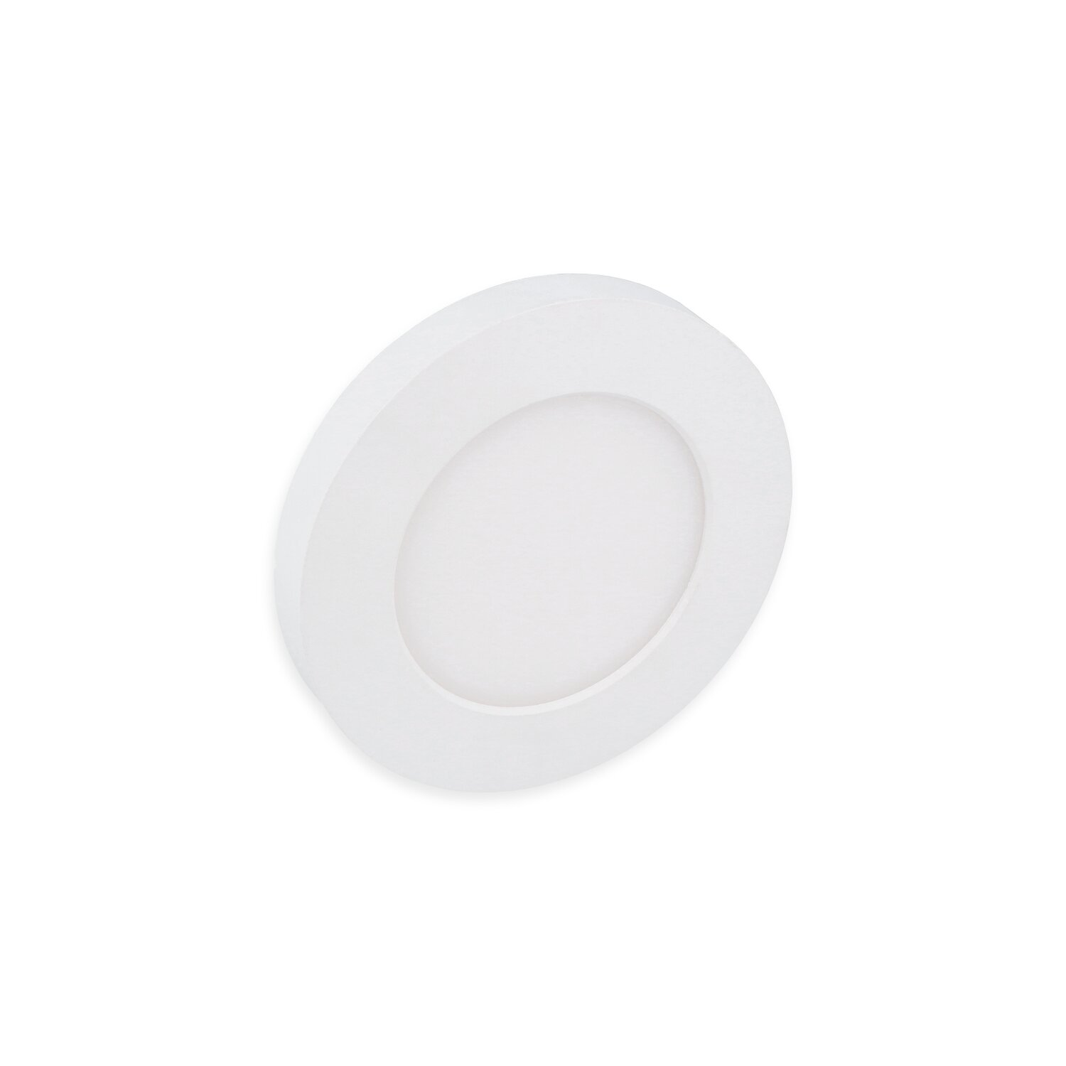 Eine weiße, kreisförmige LED-Leuchte auf weißem Hintergrund. Sie hat ein eingelassenes Licht.