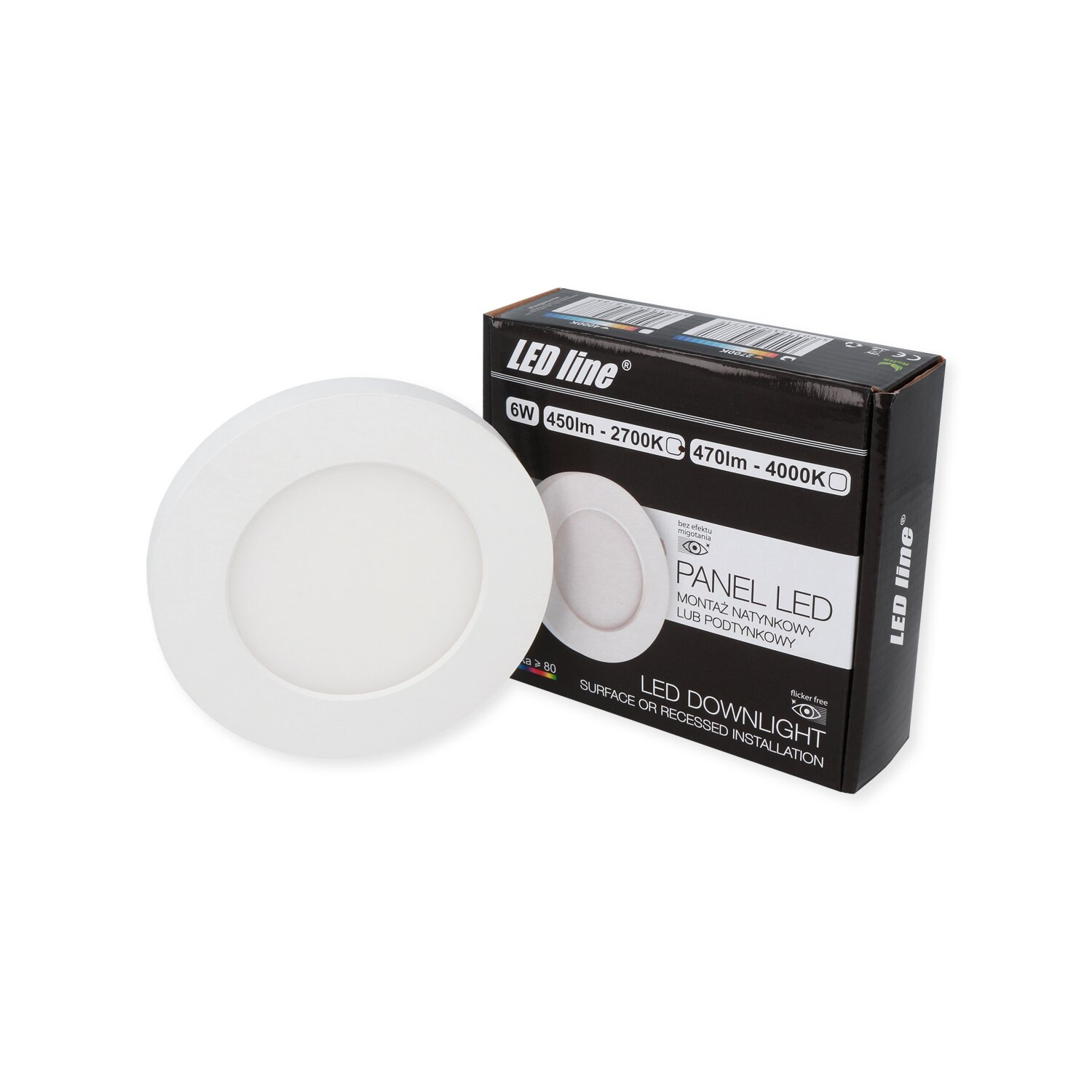 Ein weißes LED-Downlight und seine schwarze Box werden auf einer weißen Oberfläche angezeigt.