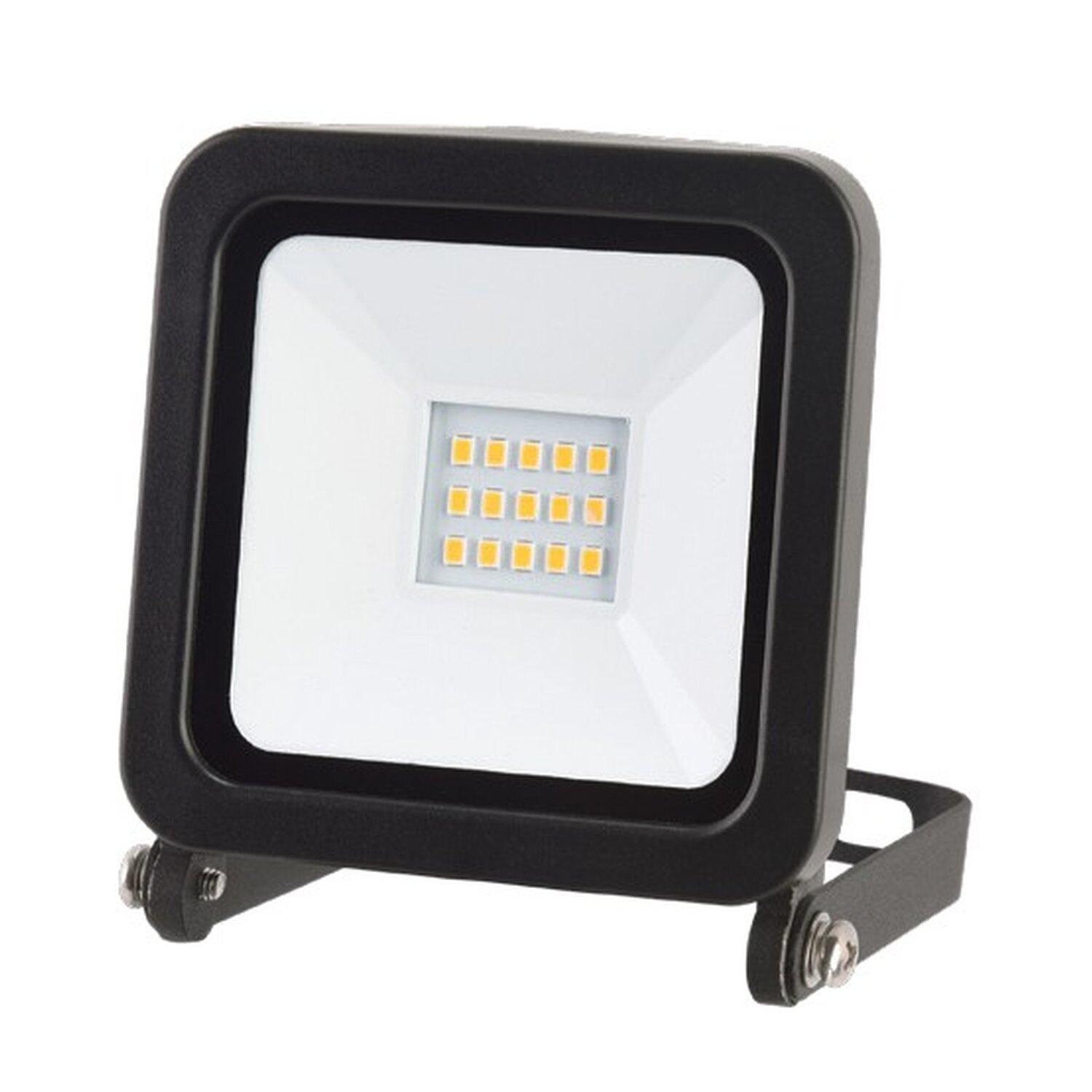 Schwarzer quadratischer LED-Fluter mit einer weißen Lichtquelle. Das Licht hat eine Halterung.