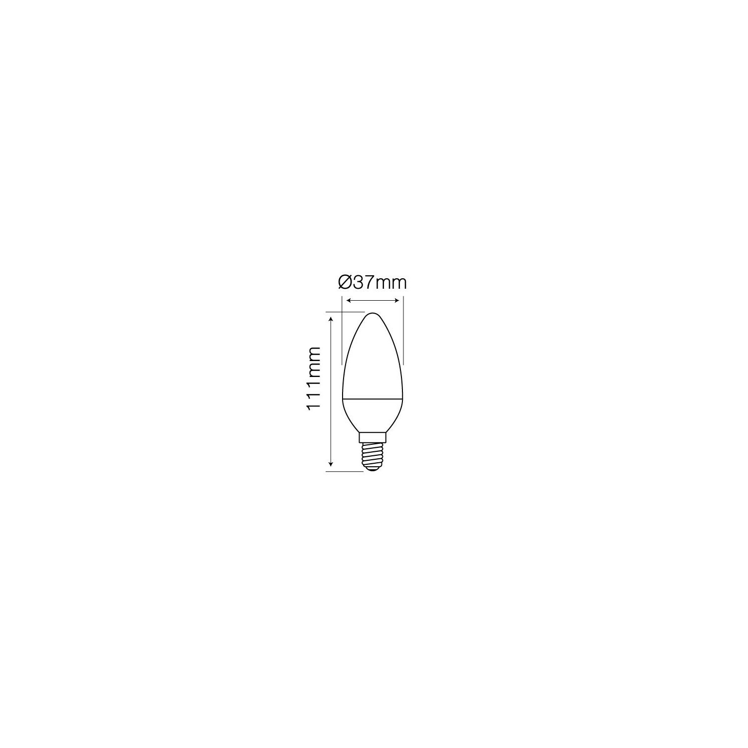 Diagramm einer weißen Glühbirne mit den Maßen 37mm x 111mm.