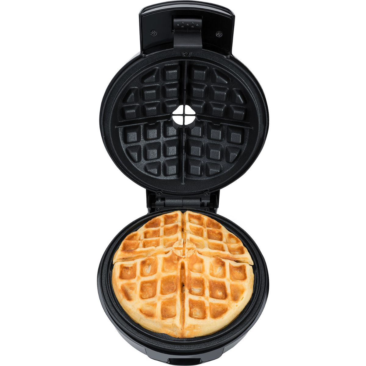 Ein Waffeleisen ist geöffnet und zeigt eine gebackene Waffel. Das Eisen ist schwarz, die Waffel goldbraun.