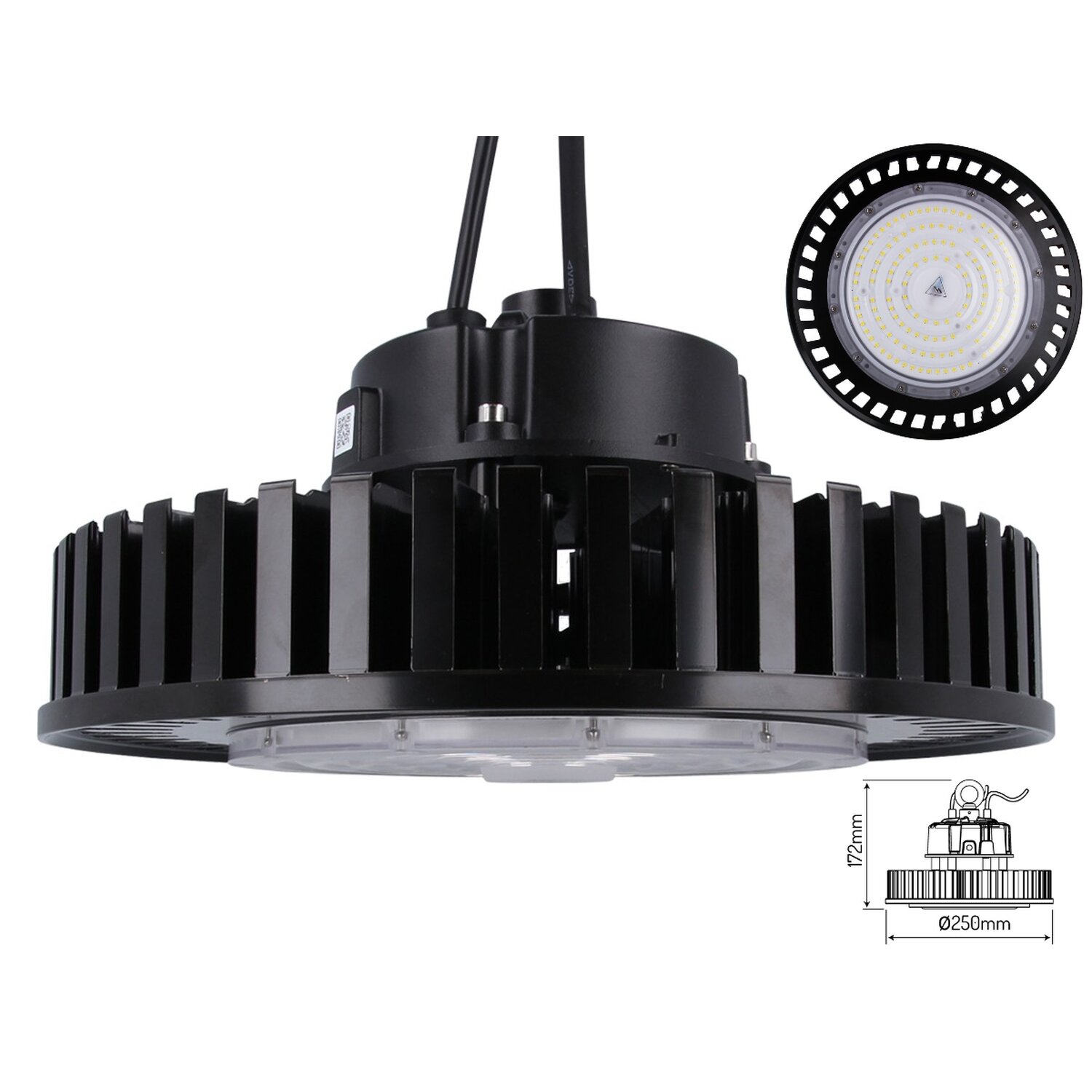 Eine schwarze LED-Leuchte mit kreisförmigem Design und Kühlkörpern. Eine kleinere Version ist in der Nähe gezeigt.
