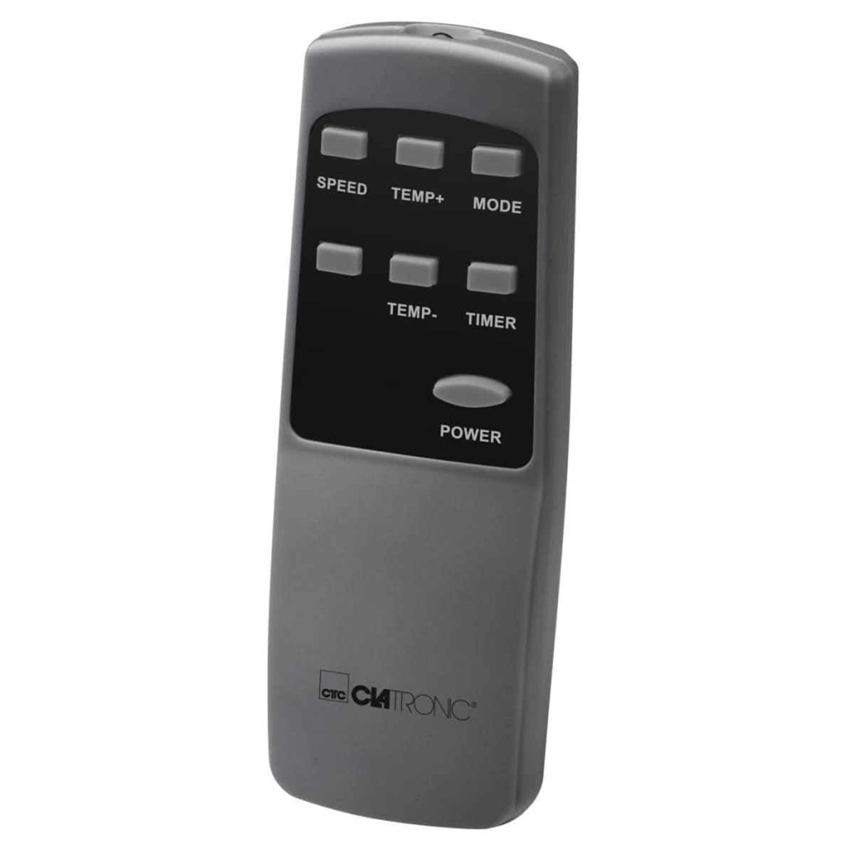 Szary pilot z przyciskami SPEED, TEMP+, MODE, TEMP-, TIMER i POWER. Marka to CTC Clatronic.