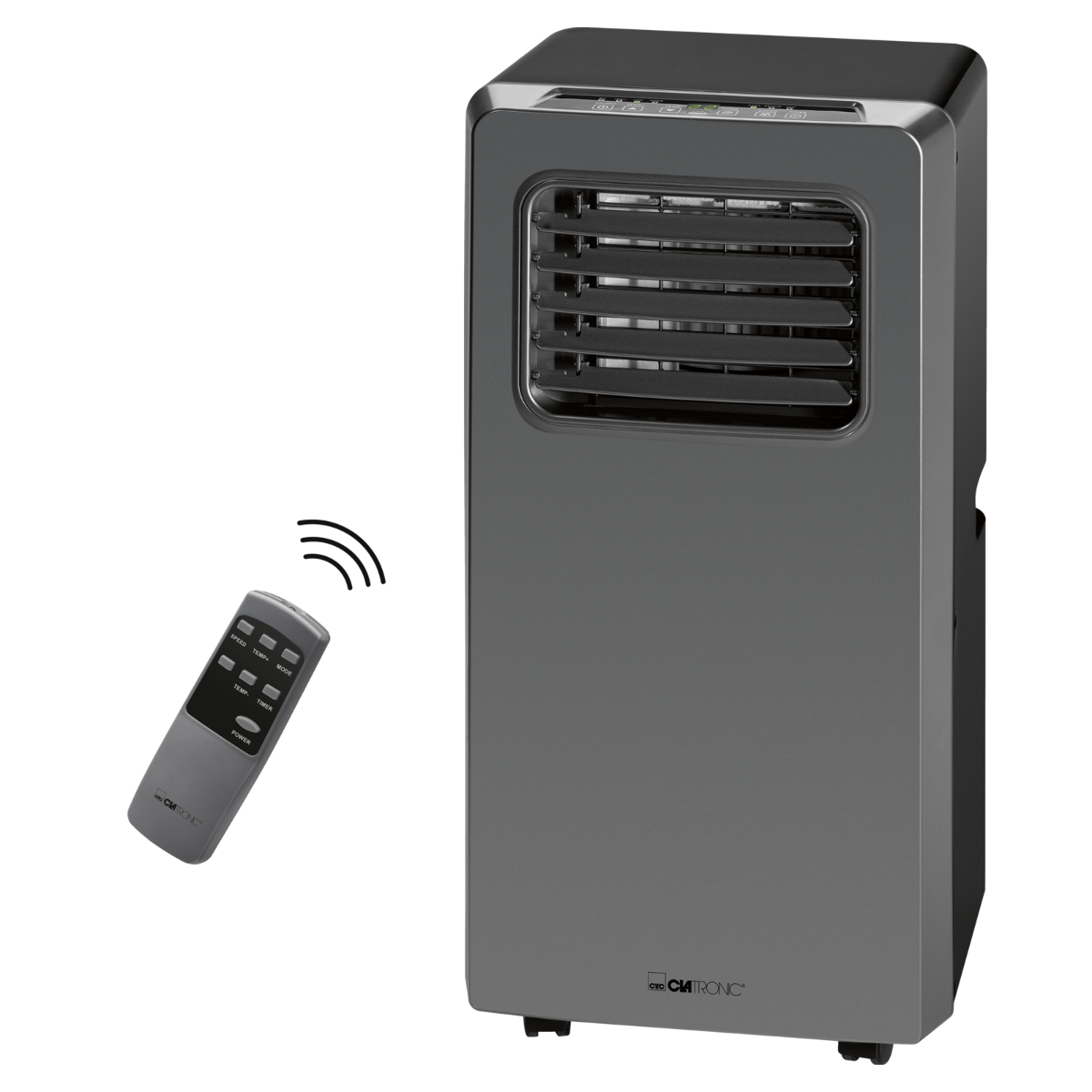 Ciemnoszary przenośny klimatyzator z pilotem po lewej stronie.