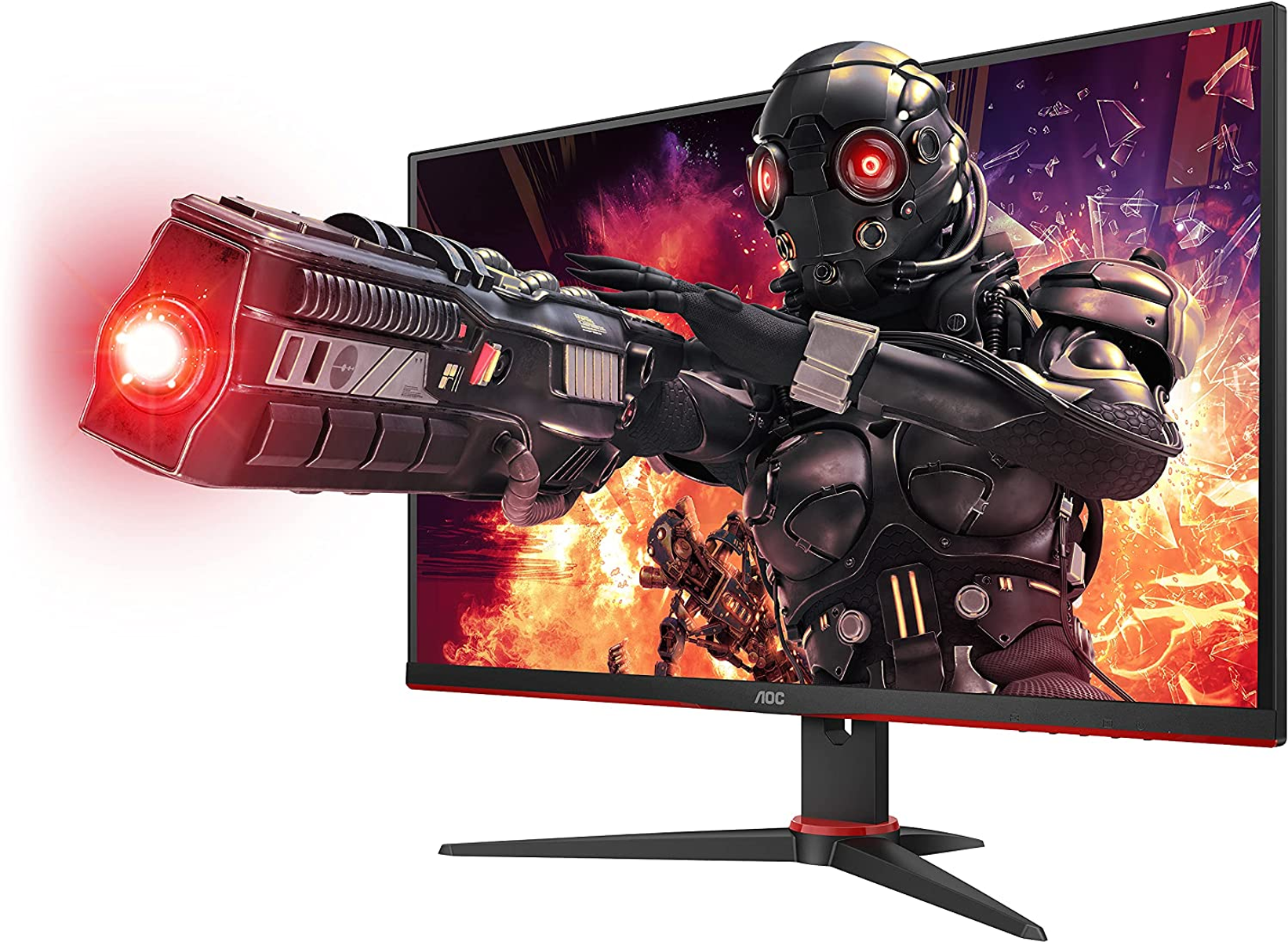 Gaming-Monitor zeigt futuristische Szene mit Roboter, der Waffe mit rotem Licht hält.