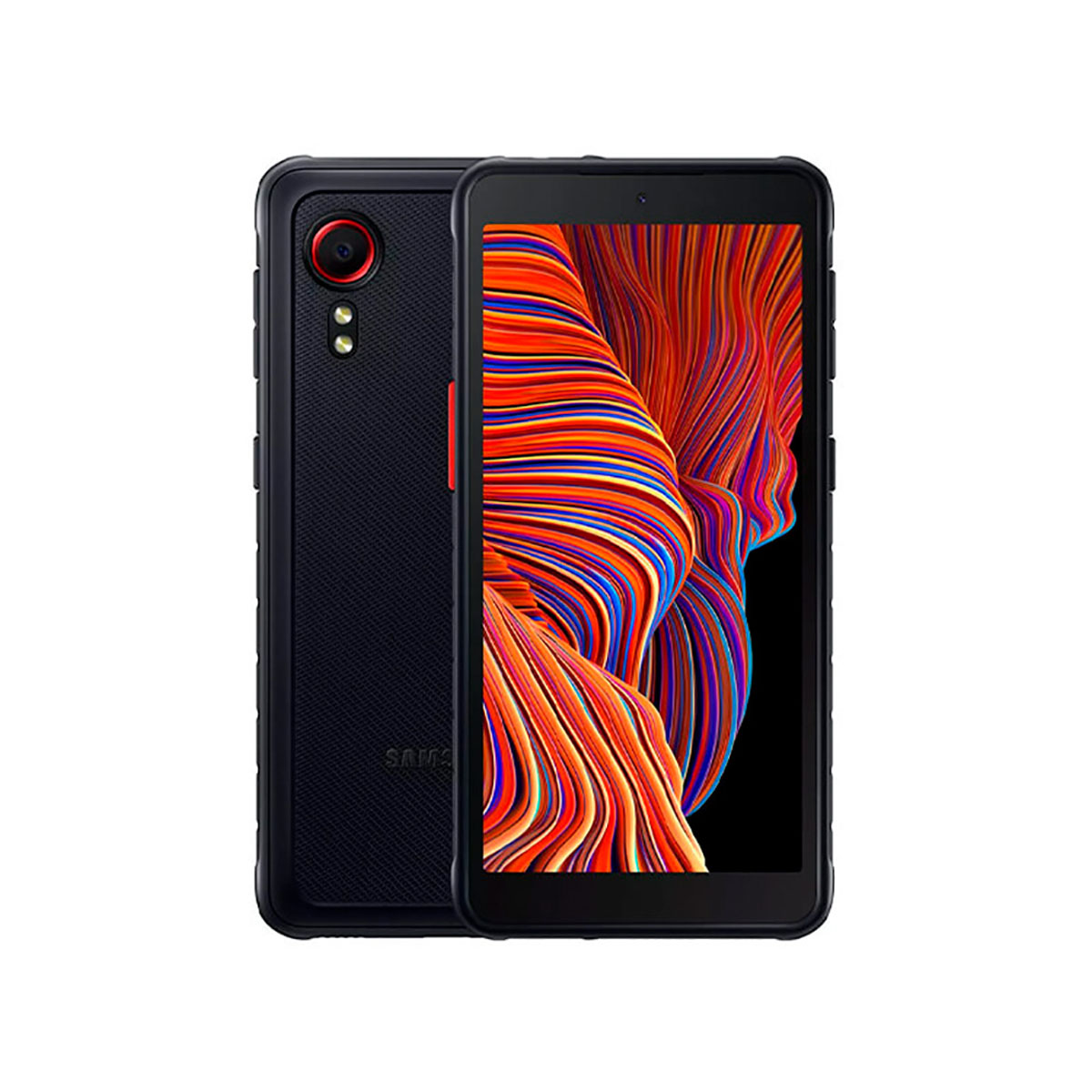Czarny telefon Samsung o wytrzymałej konstrukcji. Dwa aparaty u góry. Białe tło.