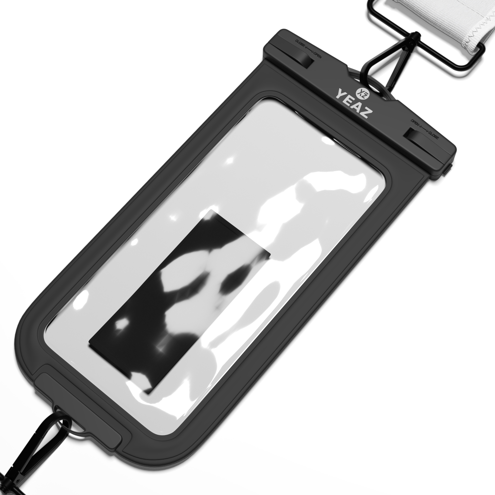 Schwarze und transparente wasserdichte Handyhülle. Schwarze Kordel und weißer Gurt.