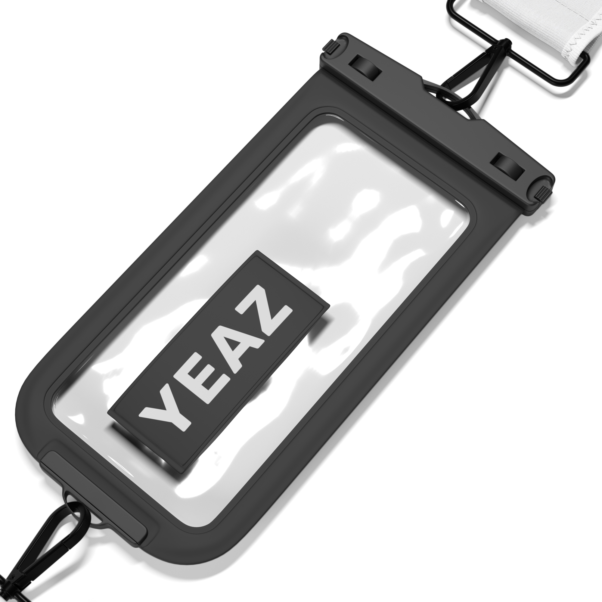 Eine schwarze wasserdichte Handytasche mit YEAZ-Text darauf, auf weißem Grund.
