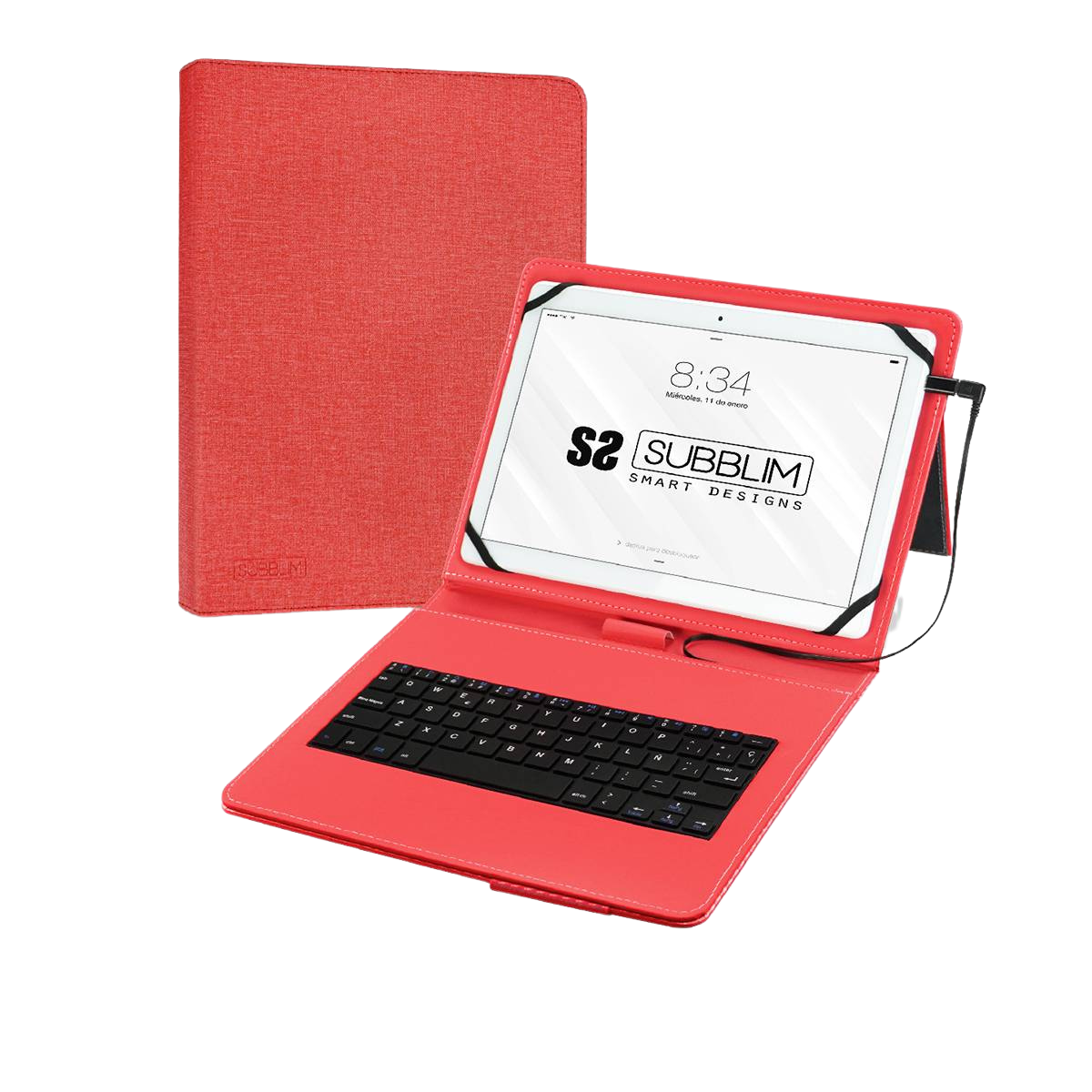 Funda Tablet con Teclado - Micro USB - USB C Pro SUBBLIM, Apple, Lenovo, Samsung, Huawei, Sony, Asus, Xiaomi, Hasta 11", Rojo