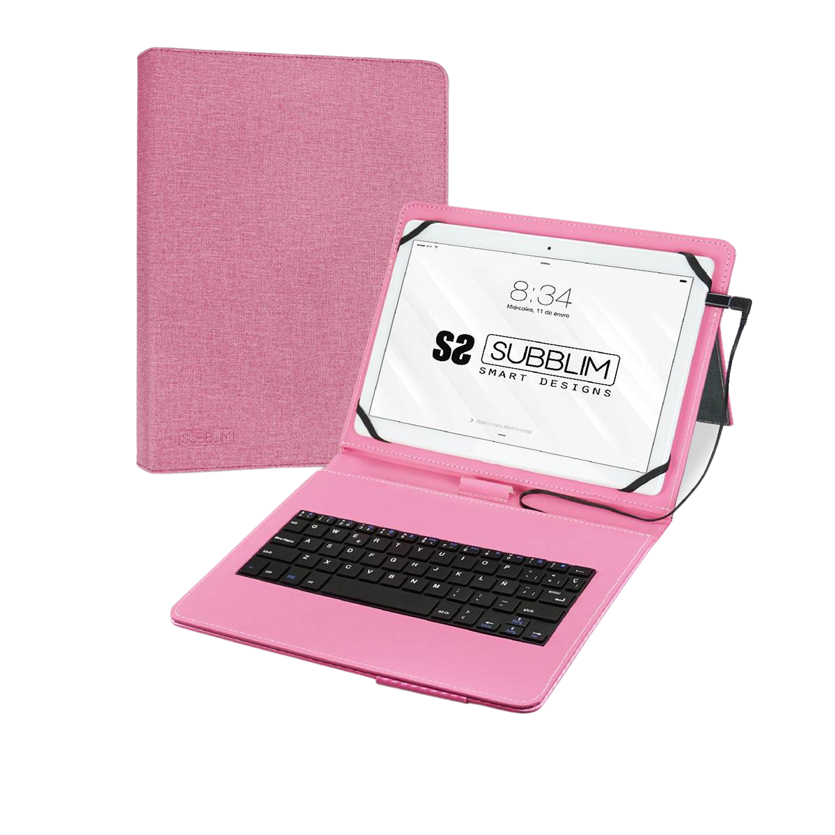 Funda Tablet con Teclado - Micro USB - USB C Pro SUBBLIM, Apple, Lenovo, Samsung, Huawei, Sony, Asus, Xiaomi, Hasta 11", Rosa