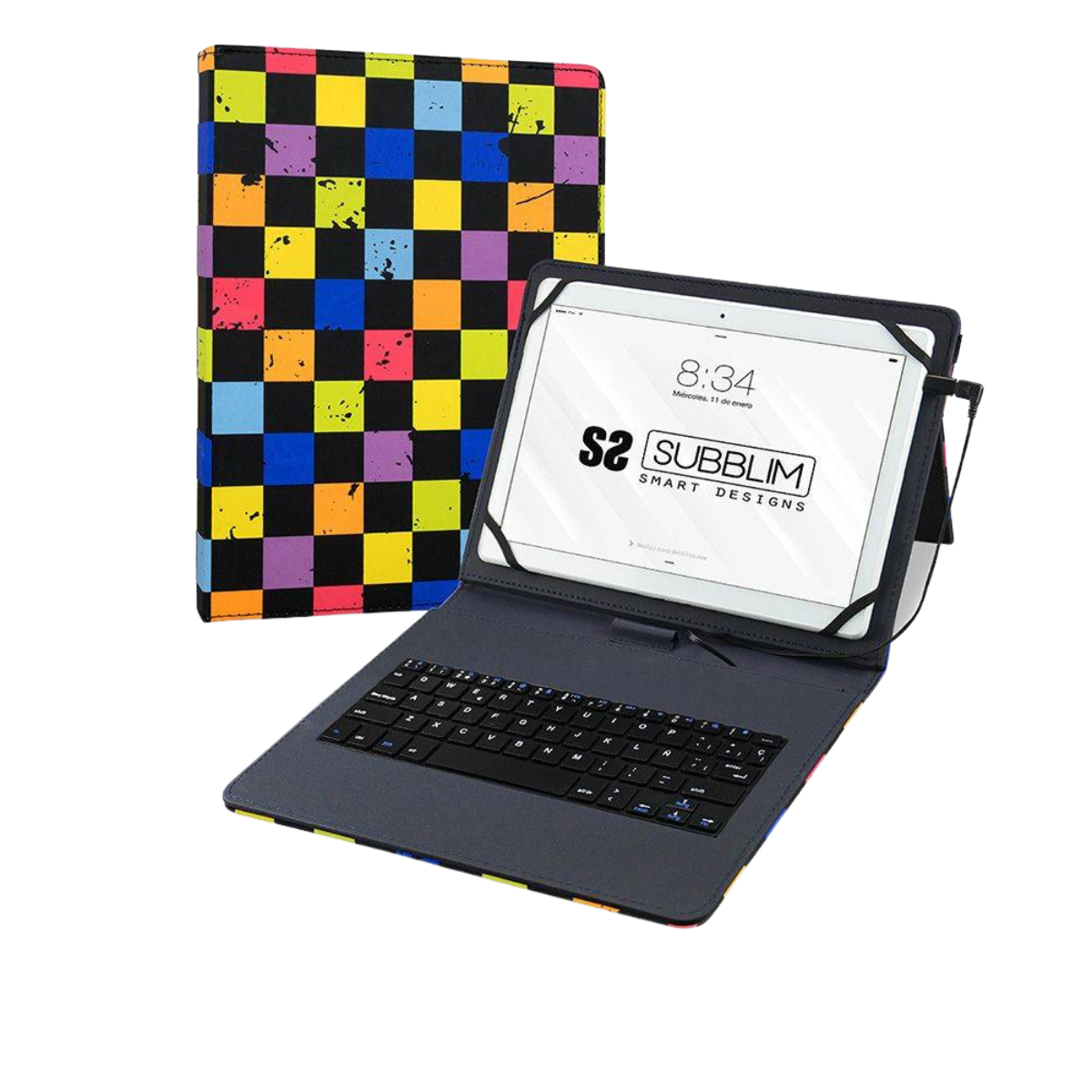 Funda Tablet con Teclado - Micro USB - USB C Squares SUBBLIM, Apple, Lenovo, Samsung, Huawei, Sony, Asus, Xiaomi, Hasta 11", Multicolor